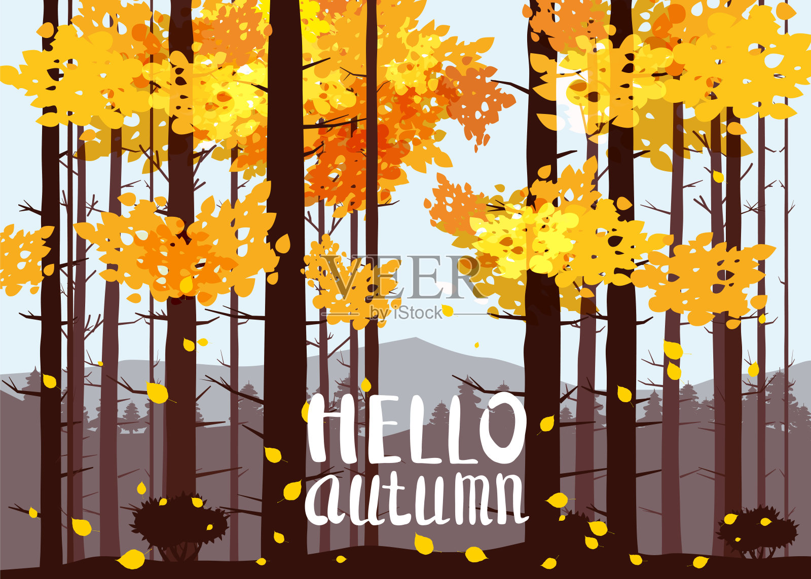 你好秋天，森林，秋天，山，松树，冷杉的剪影，全景，地平线，字母，矢量，插图，孤立插画图片素材