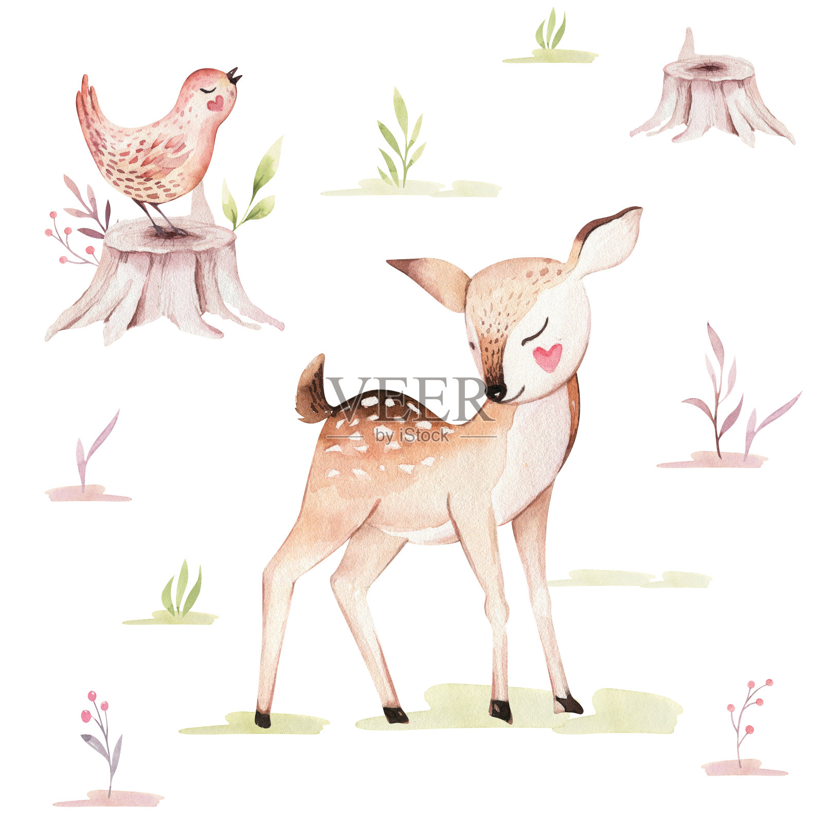 可爱的小狐狸，小鹿动物托儿所鸟和熊孤立的儿童插图。水彩画波西森林，水彩画，刺猬形象苗圃海报插画图片素材
