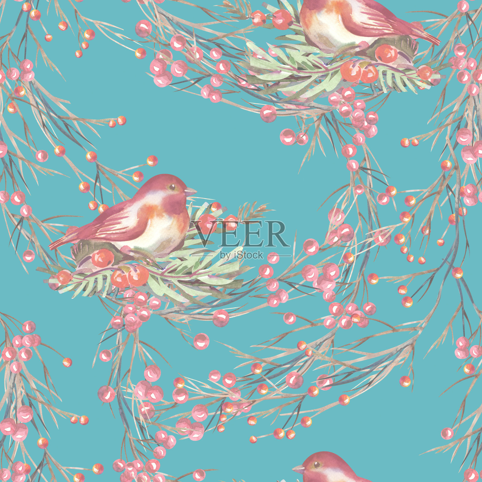 花卉背景与鸟类。插画图片素材