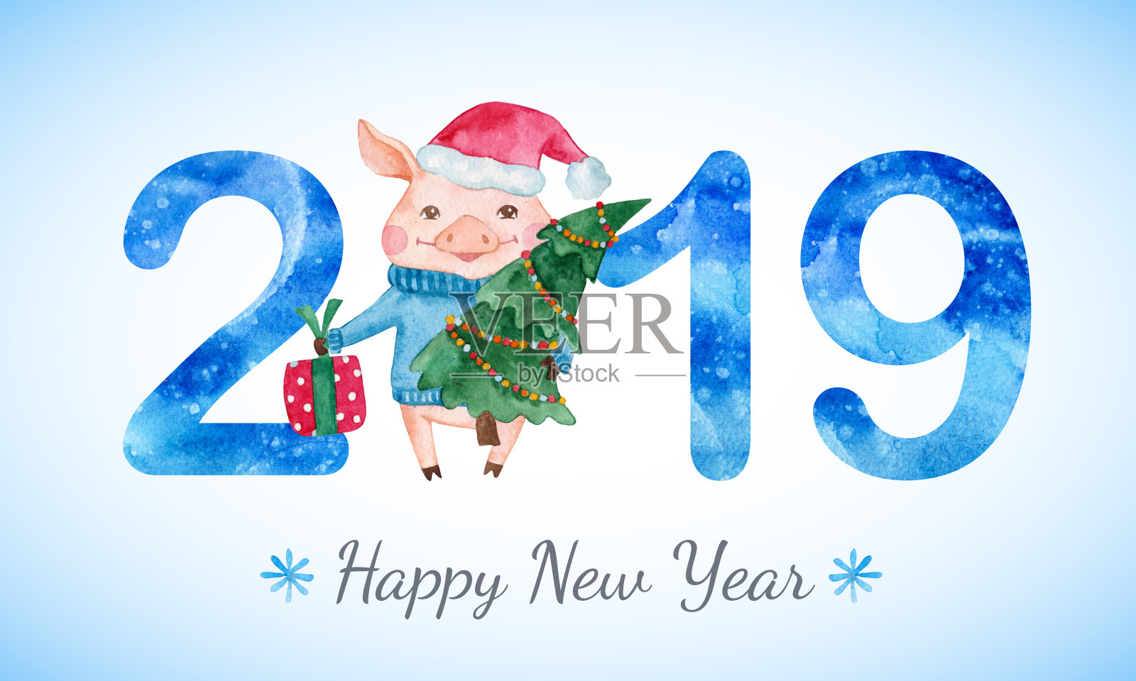 快乐的新年横幅与可爱的猪和数字。设计模板素材