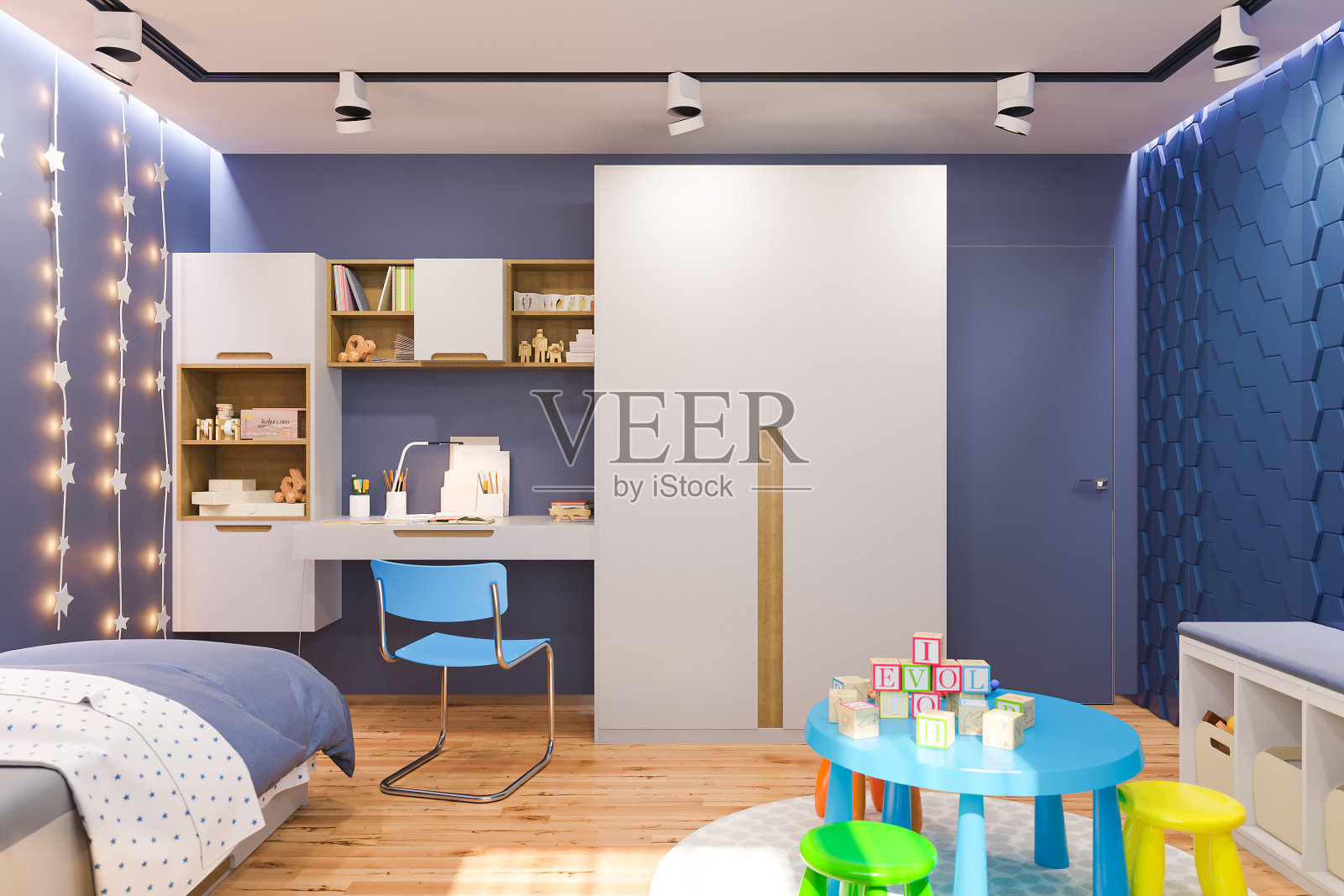 儿童卧室室内的3d渲染，深蓝色。照片摄影图片