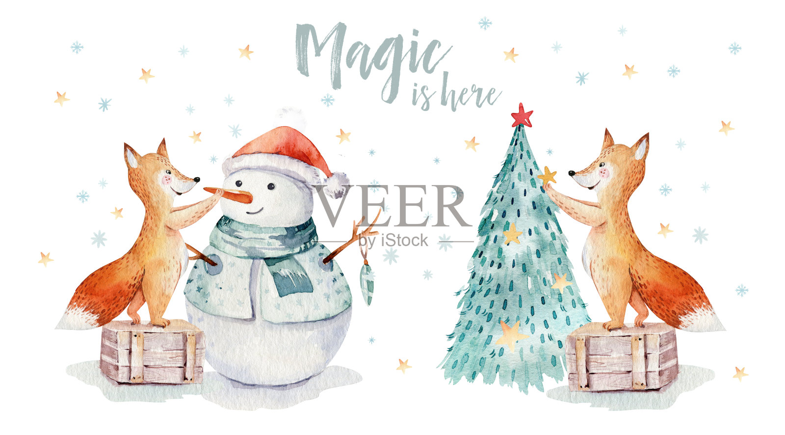 水彩金色圣诞快乐插图雪人，圣诞树，节日可爱的动物狐狸，兔子和刺猬。庆祝圣诞卡片。冬季新年设计。插画图片素材