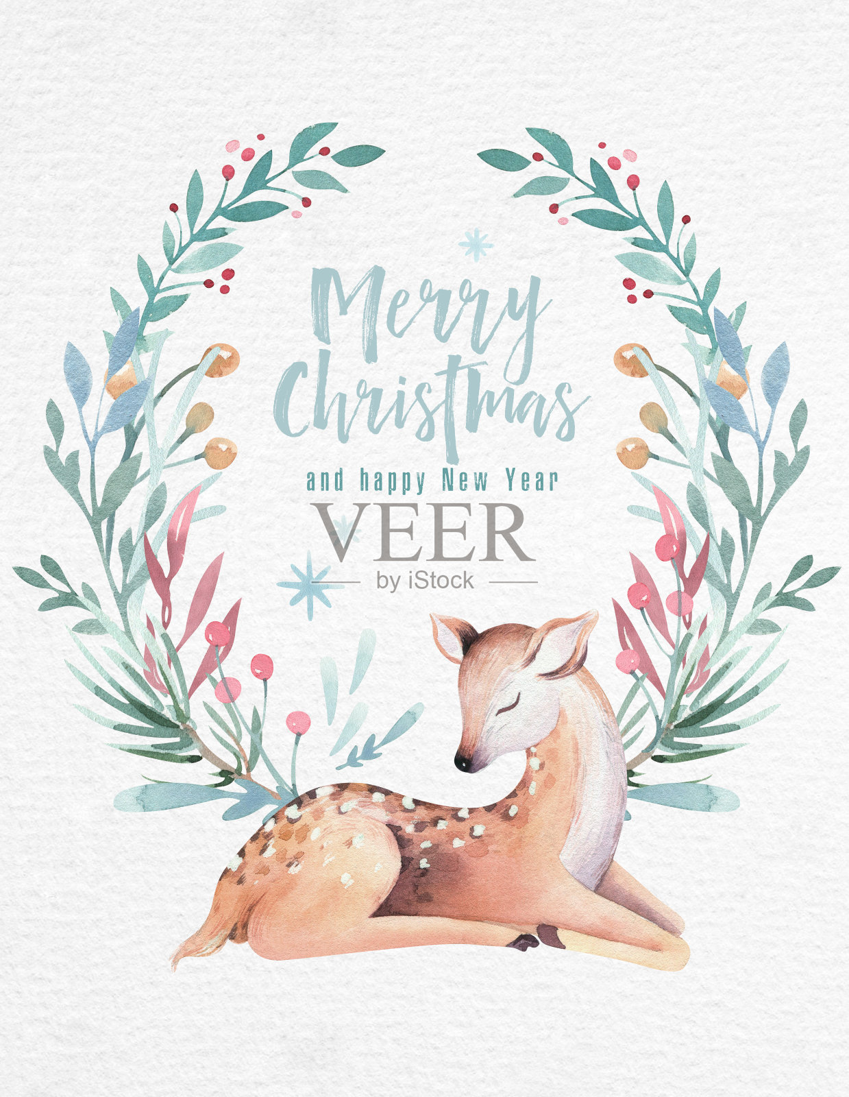 水彩圣诞快乐插画雪人，节日可爱的动物鹿，兔子。庆祝圣诞卡片。冬季新年设计。插画图片素材