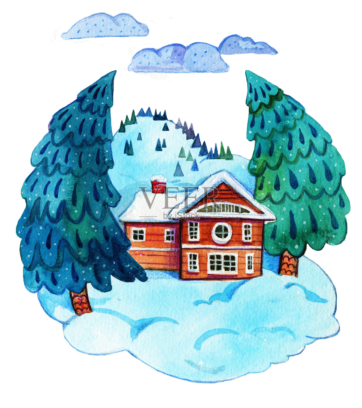 手绘水彩卡通插图的冬季景观与房子和冷杉树设计元素图片