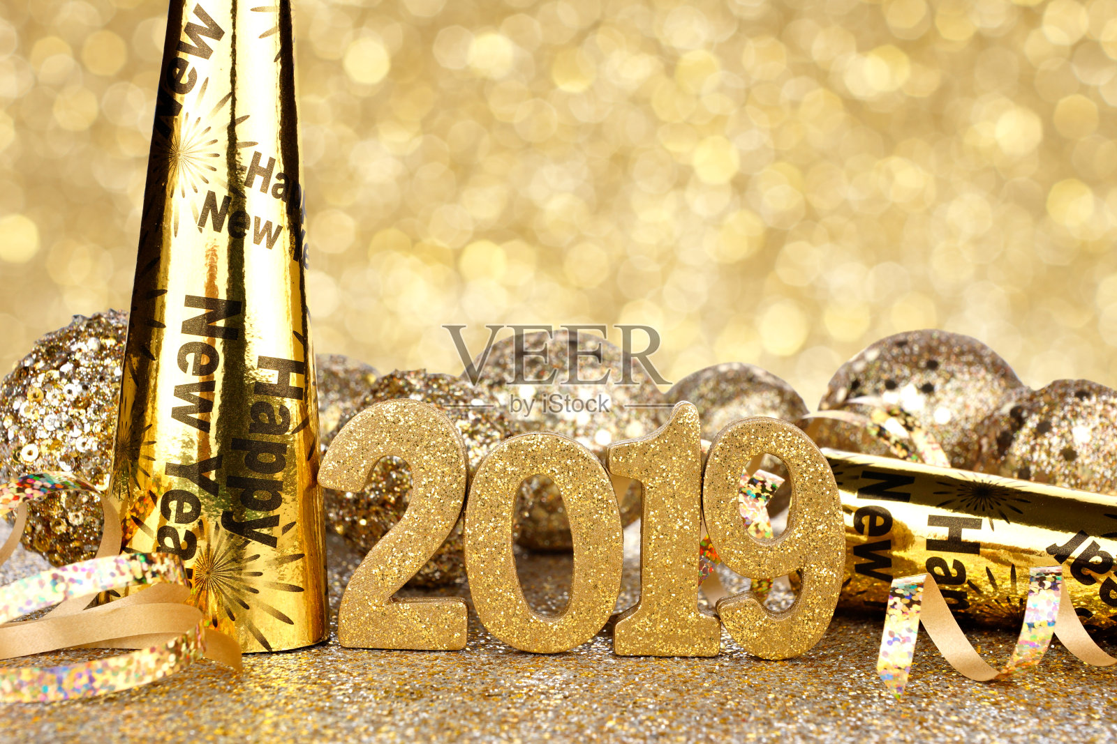 新年除夕2019装饰与闪烁的背景照片摄影图片