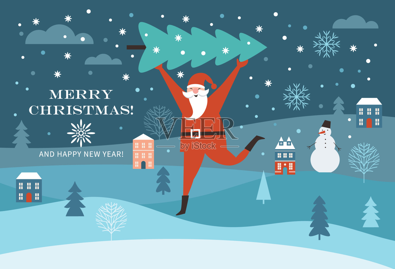 圣诞老人扛着大圣诞树。贺卡。插画图片素材