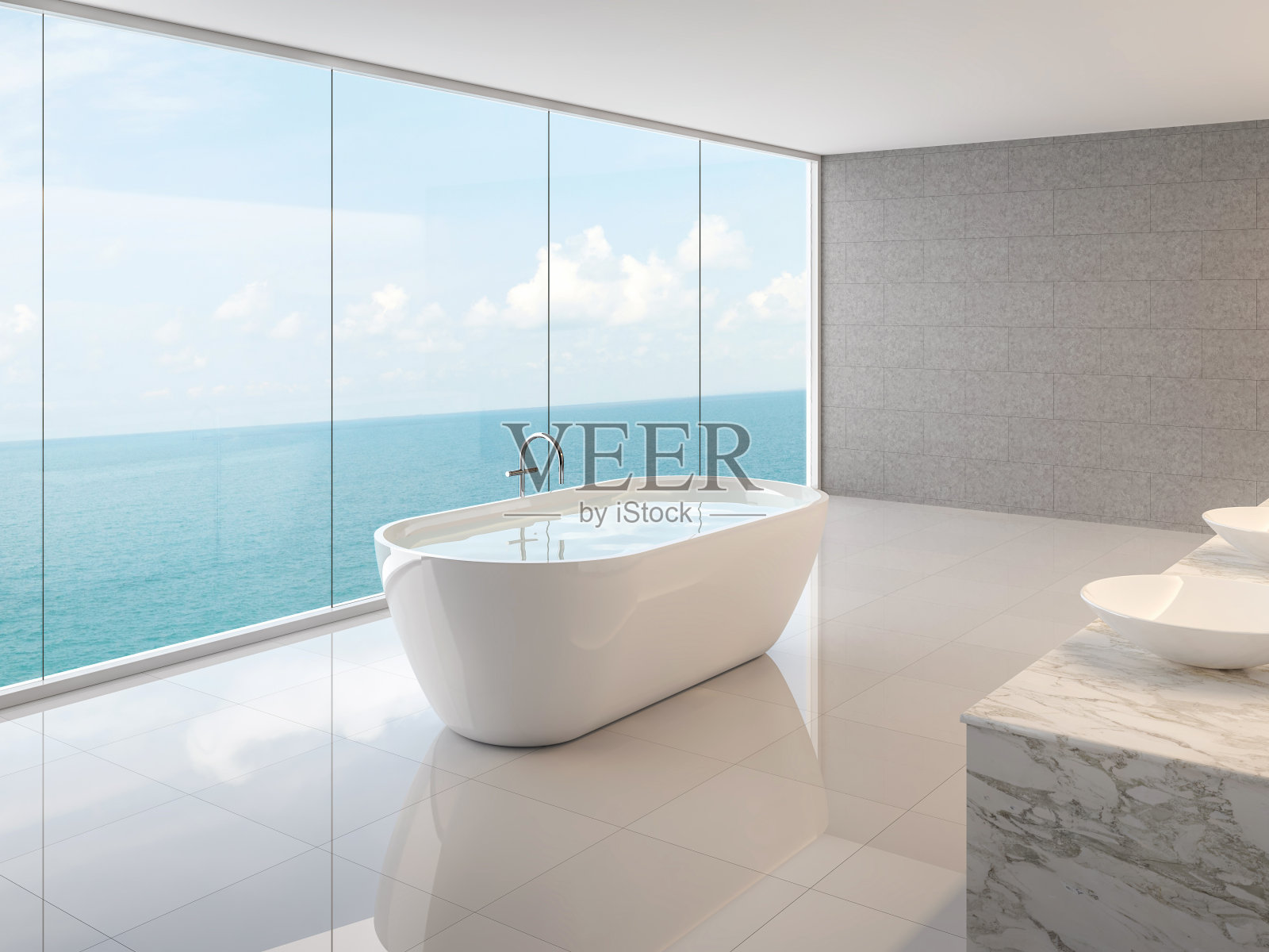 最小阁楼浴室与海景3d渲染照片摄影图片