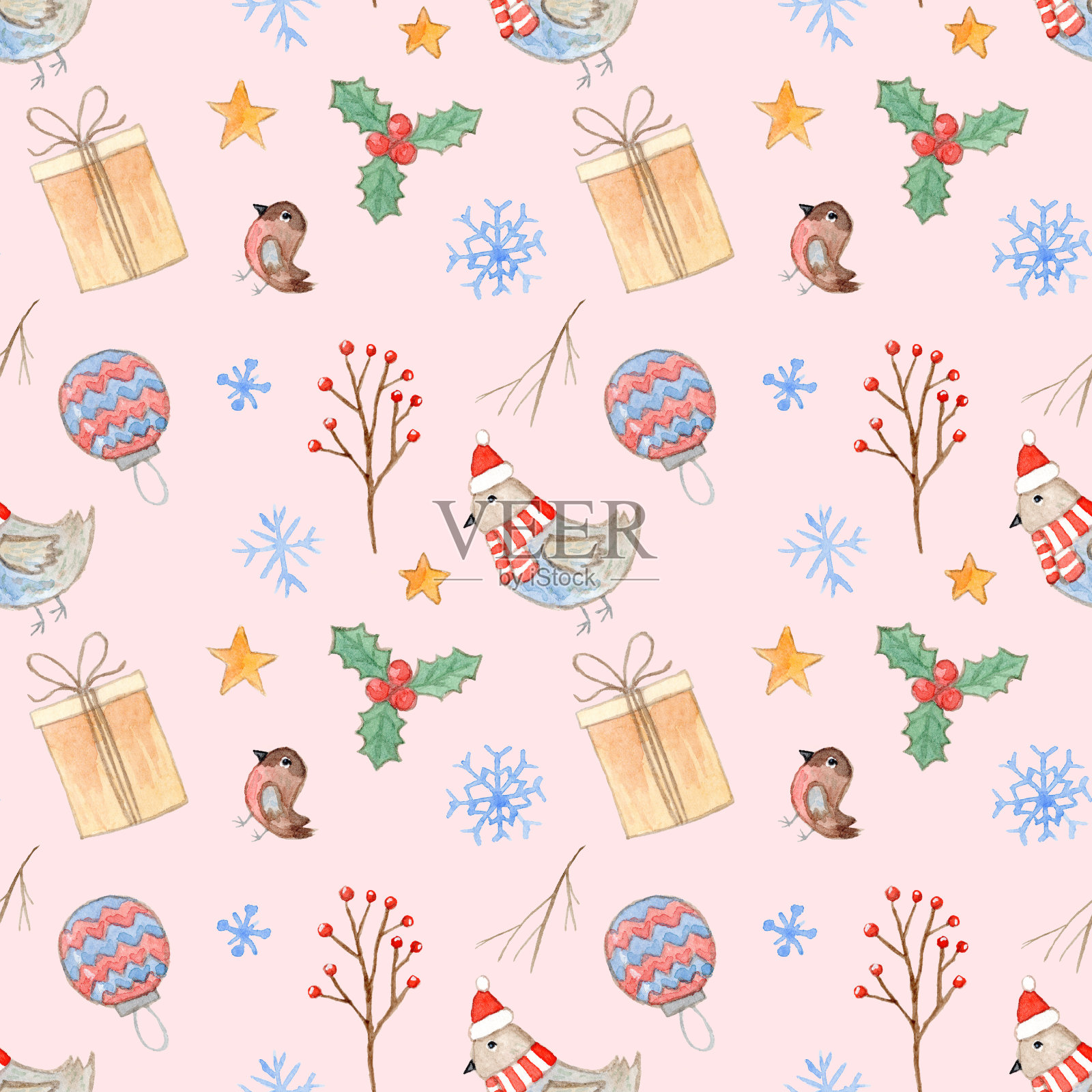 嫩粉水彩圣诞图案与鸟插画图片素材
