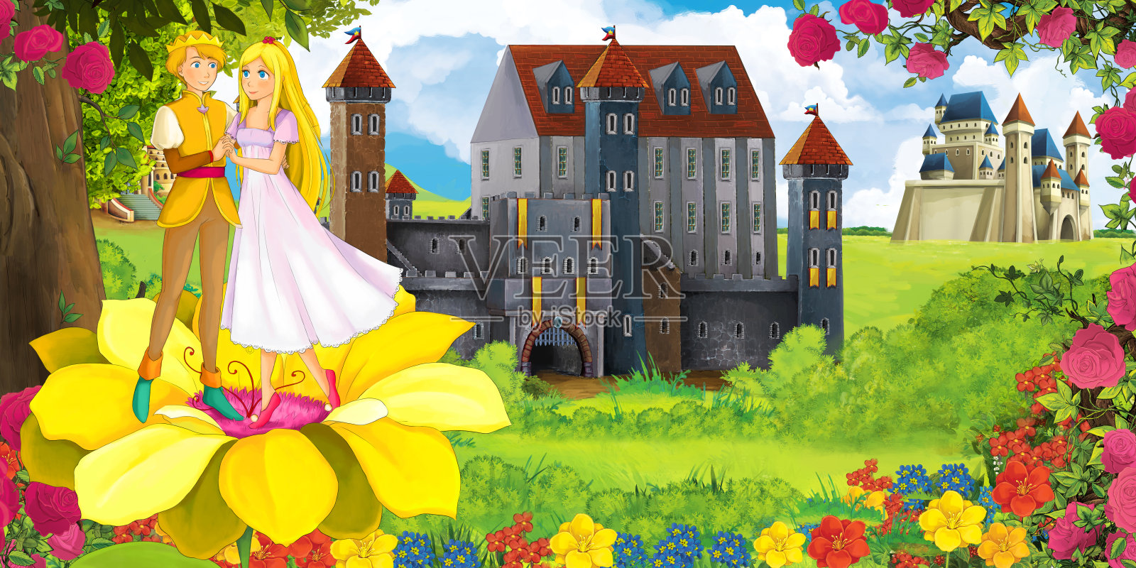 卡通自然场景与美丽的城堡附近的森林，美丽的年轻精灵女孩公主和王子插画图片素材