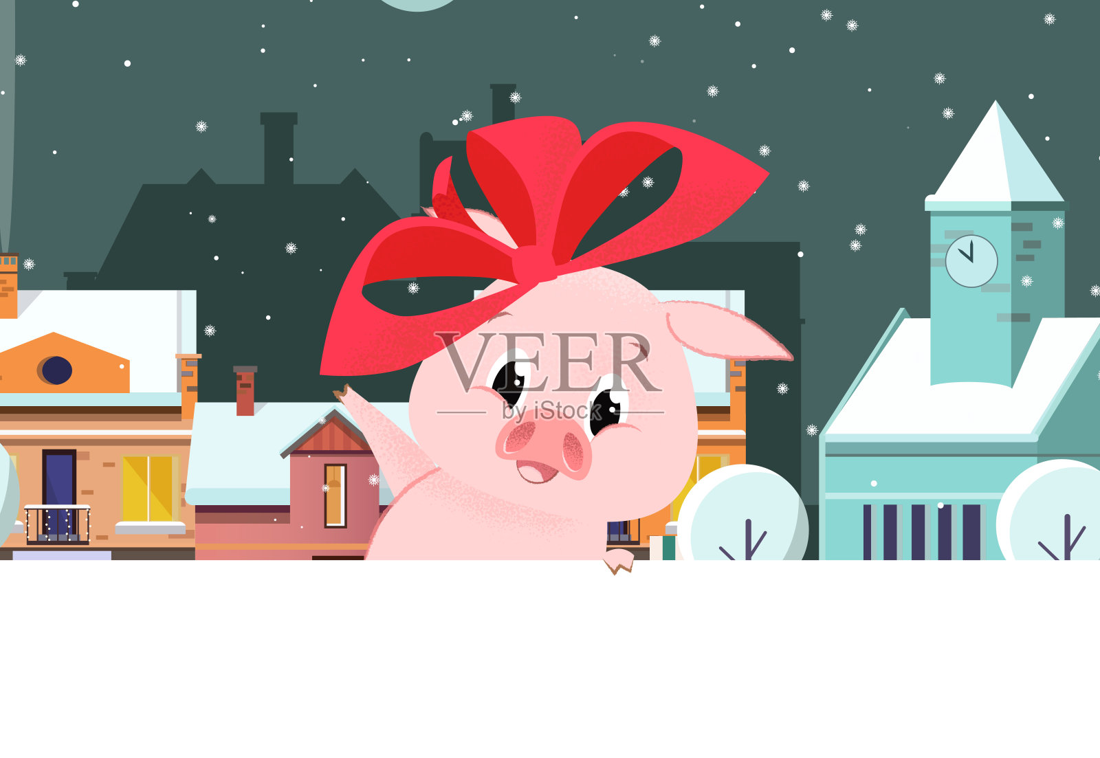 可爱的小猪与城市场景的背景和copyspace插画图片素材