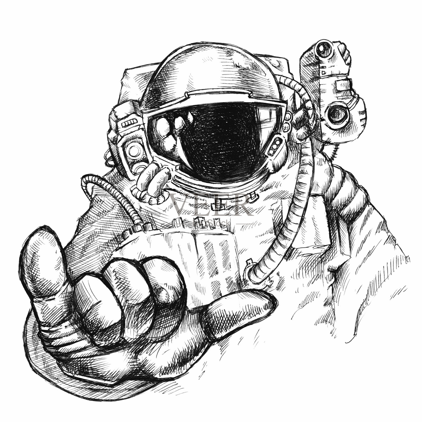 手绘奇妙的宇航员或宇航员戴着头盔和太空服，手伸出大拇指和小指手势，探索和宇宙冒险的概念插画图片素材