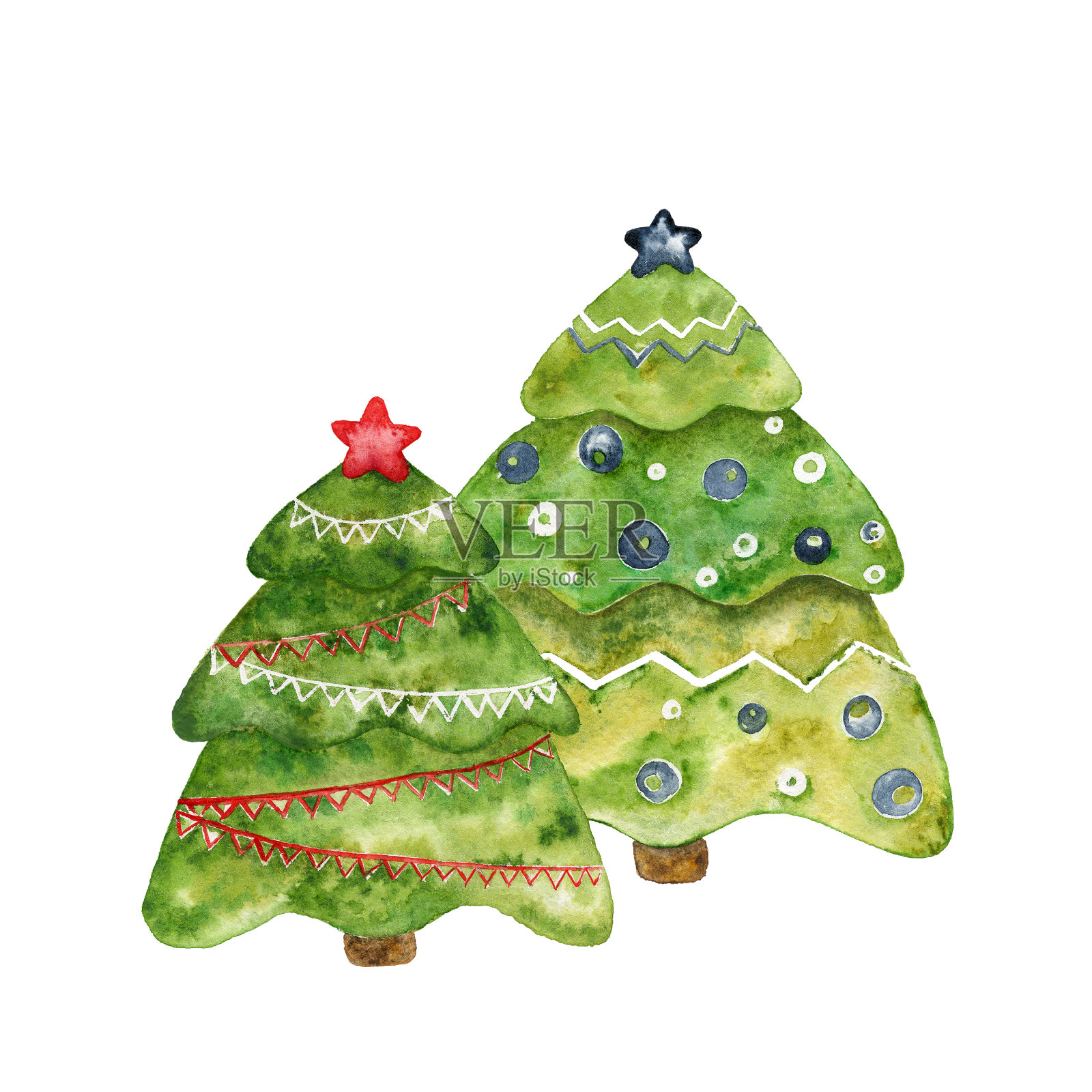 两棵装饰圣诞树。新年。插画图片素材