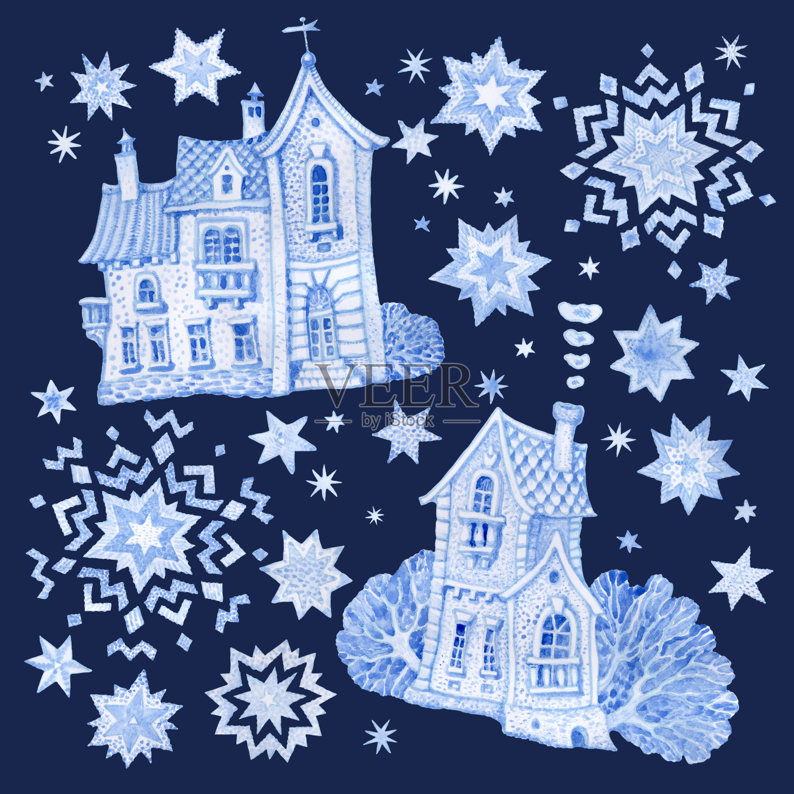 一套幻想的建筑物与圣诞星和雪花。手工绘制的蓝色水彩童话老城房子孤立在黑暗的靛蓝背景。冬季景观t恤印花。、问候卡或请帖插画图片素材