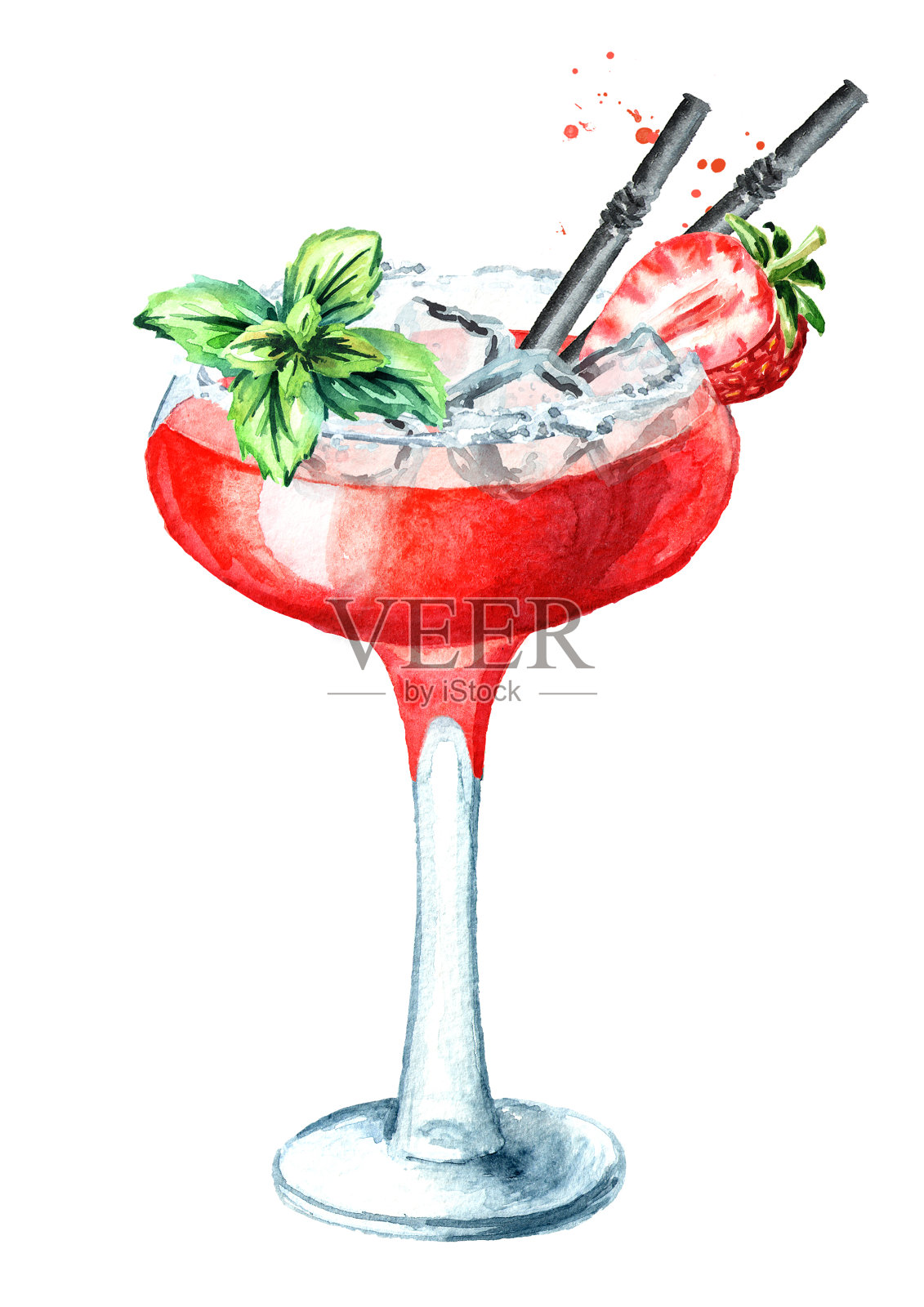 用草莓做装饰的鸡尾酒。水彩手绘插图孤立的白色背景插画图片素材