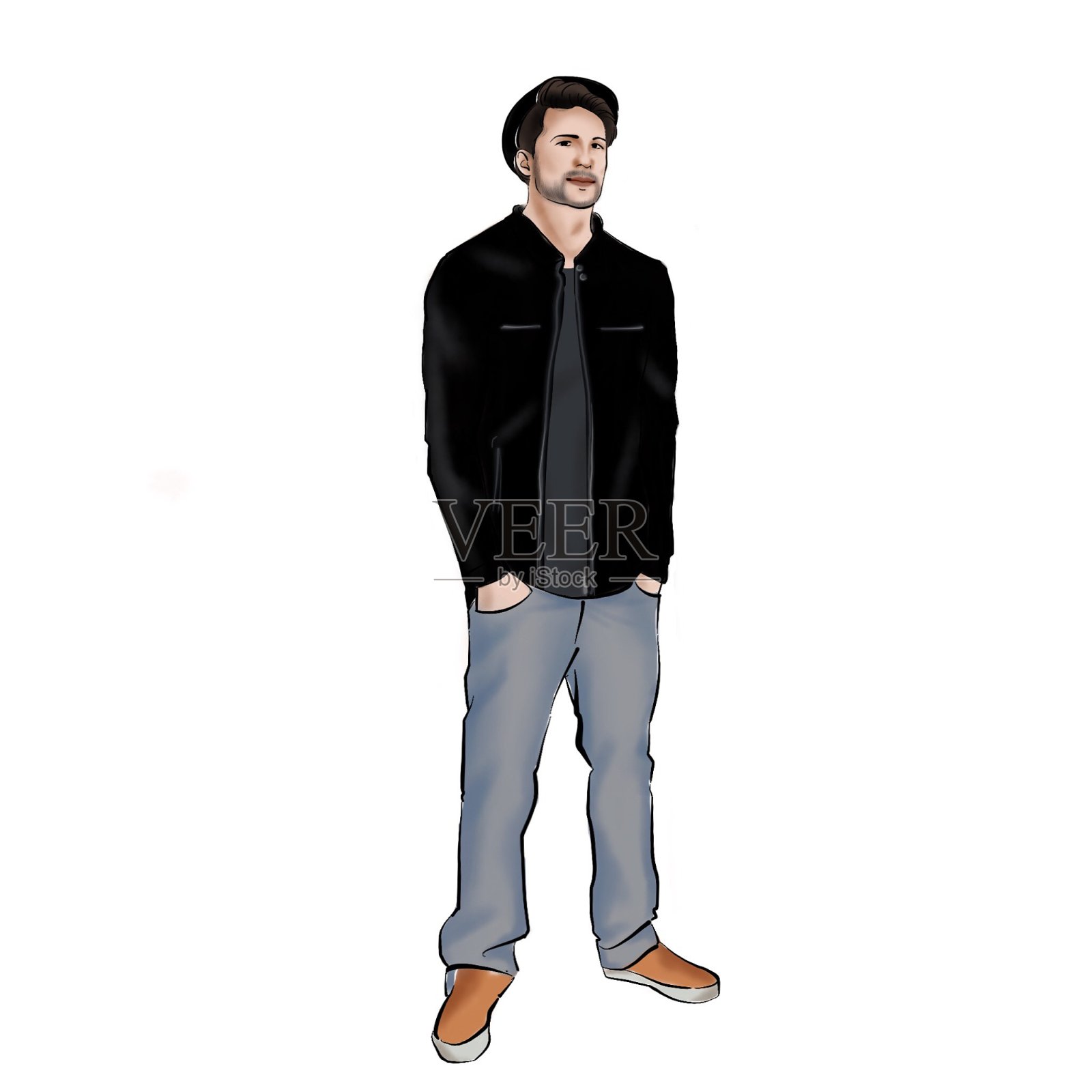 一个穿着黑色夹克和灰色牛仔裤的男人的插图插画图片素材