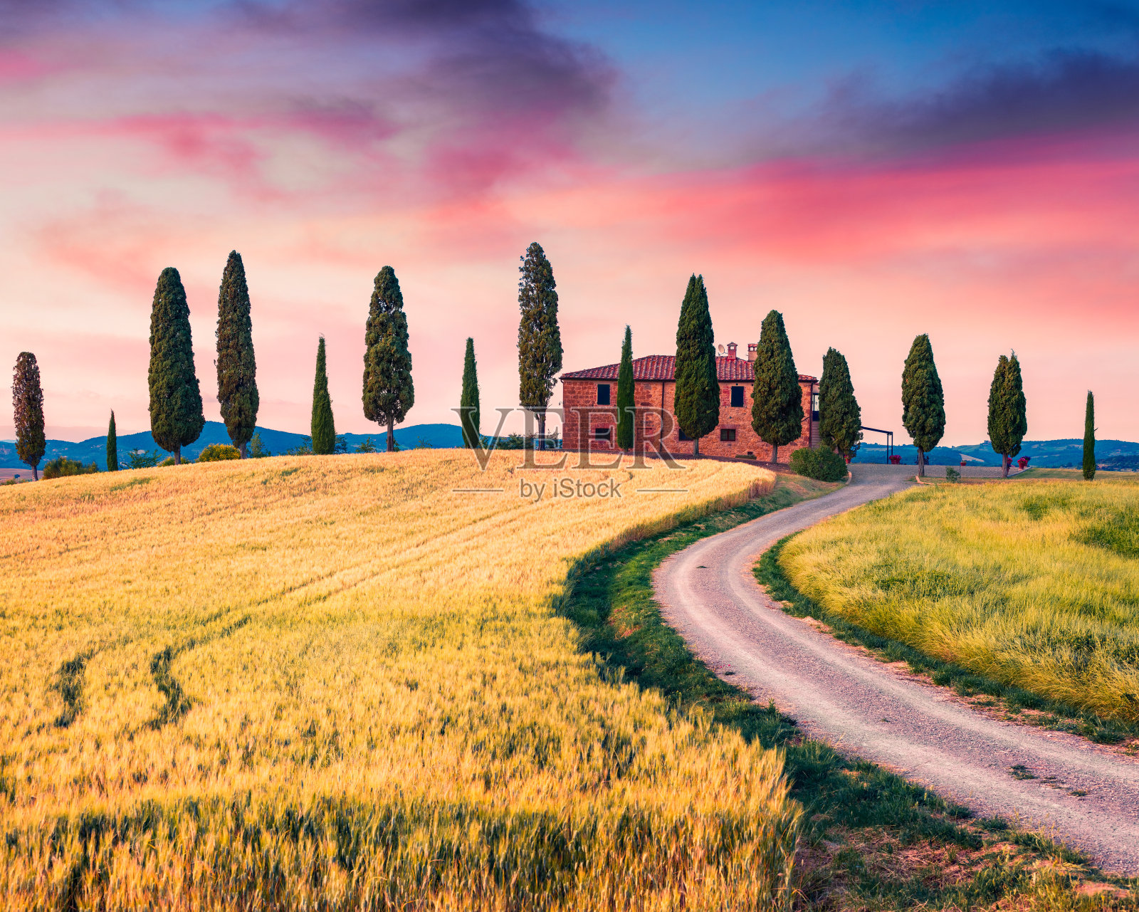 典型的托斯卡纳景观，农舍和柏树。色彩缤纷的意大利乡村夏日景色，瓦尔德奥西亚山谷，皮恩扎位置。美丽的乡村概念背景。照片摄影图片
