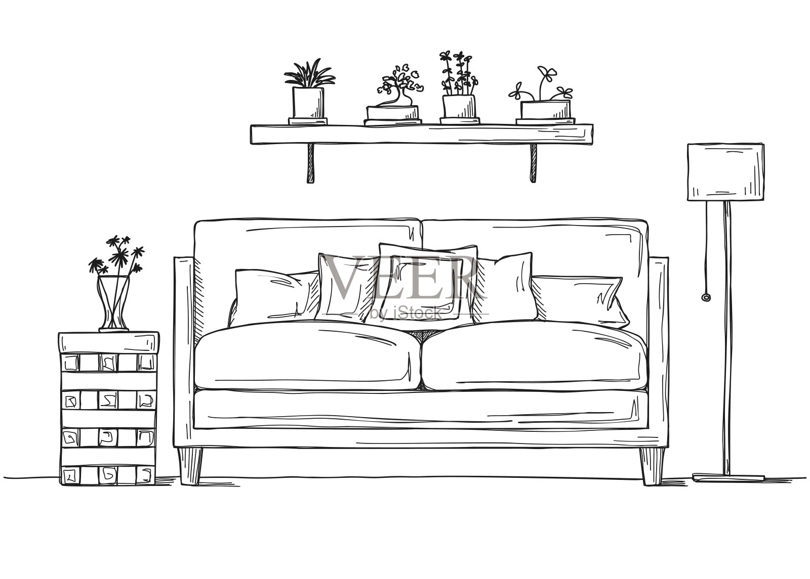 室内设计采用素描风格。沙发、床头柜、落地灯和植物架。向量插画图片素材