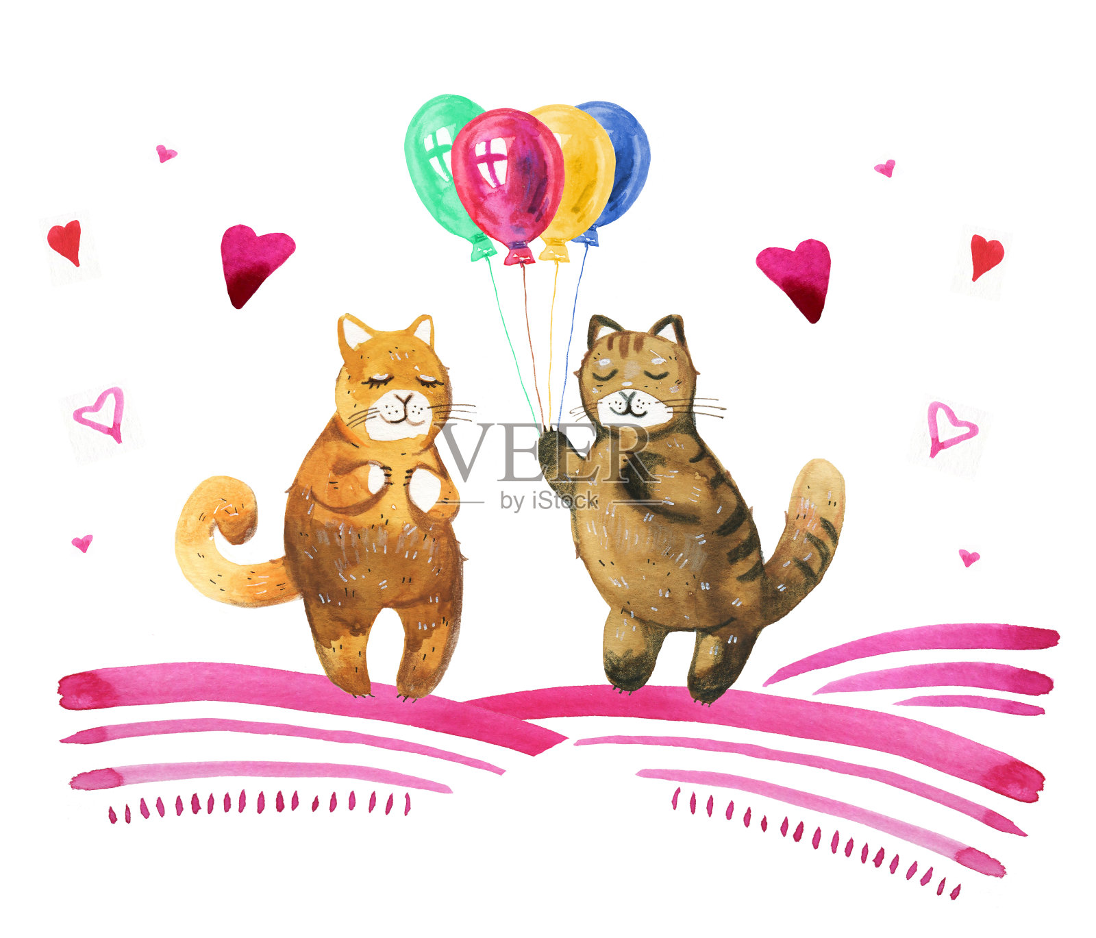 手绘水彩插画情人节与一对心形和彩色气球的猫插画图片素材
