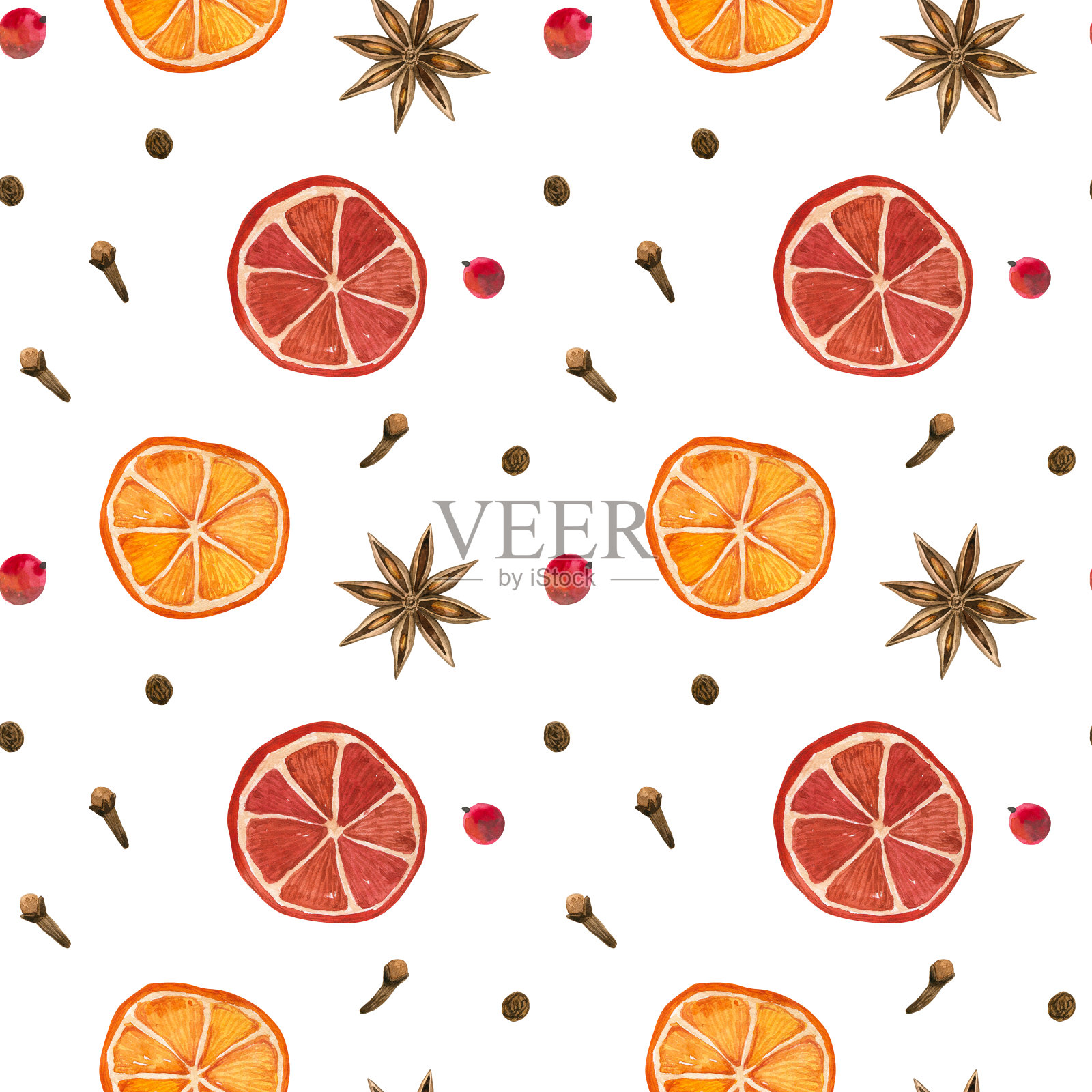 冬天的香料。橘子，八角，丁香，胡椒。无缝模式。手绘水彩插图。插画图片素材