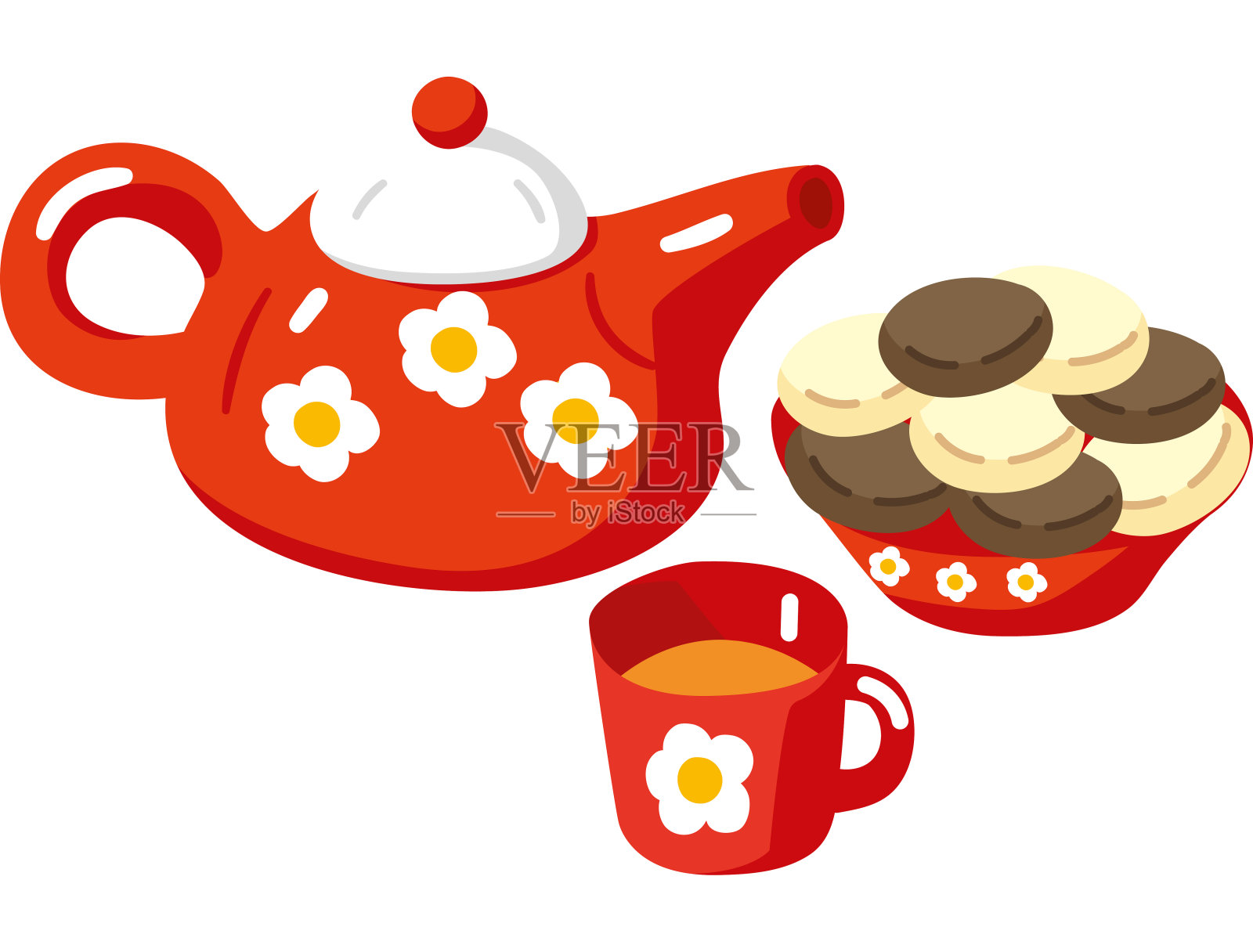 红茶壶、杯子和蛋糕插画图片素材