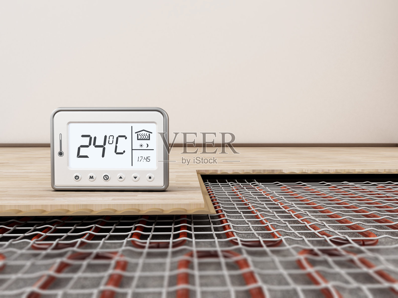 地板采暖系统安装热表显示理想的室温照片摄影图片