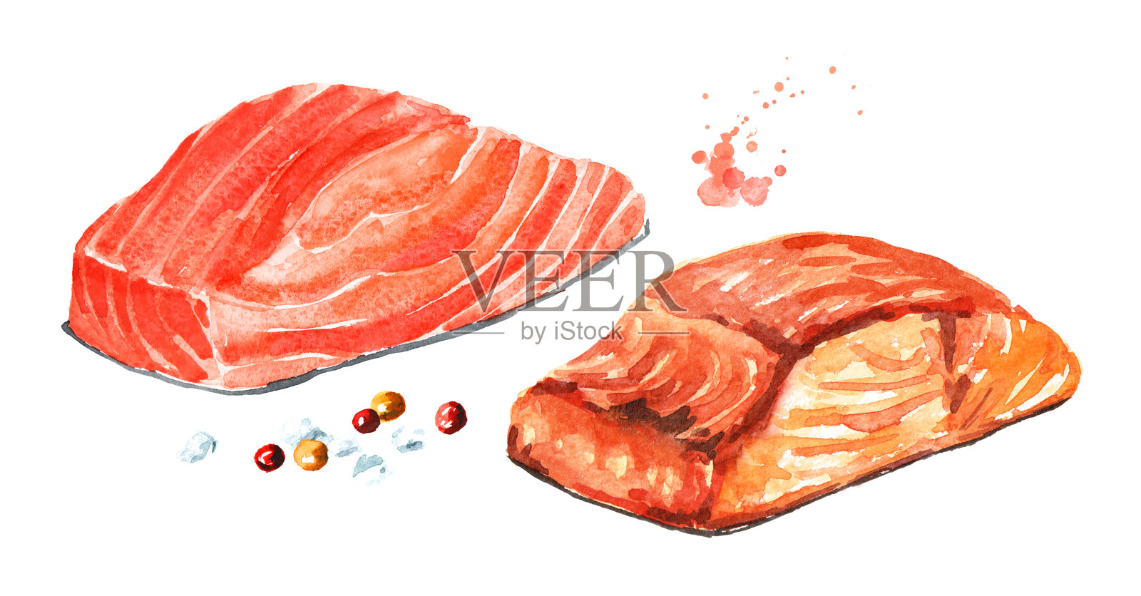 三文鱼片，生的和烤的。水彩手绘插图，孤立的白色背景插画图片素材
