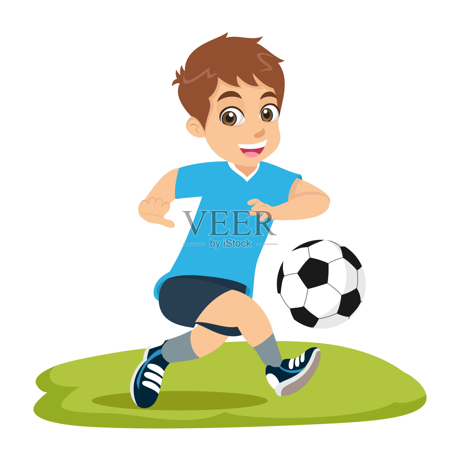 可爱的卡通小男孩踢足球或足球孤立在白色插画图片素材