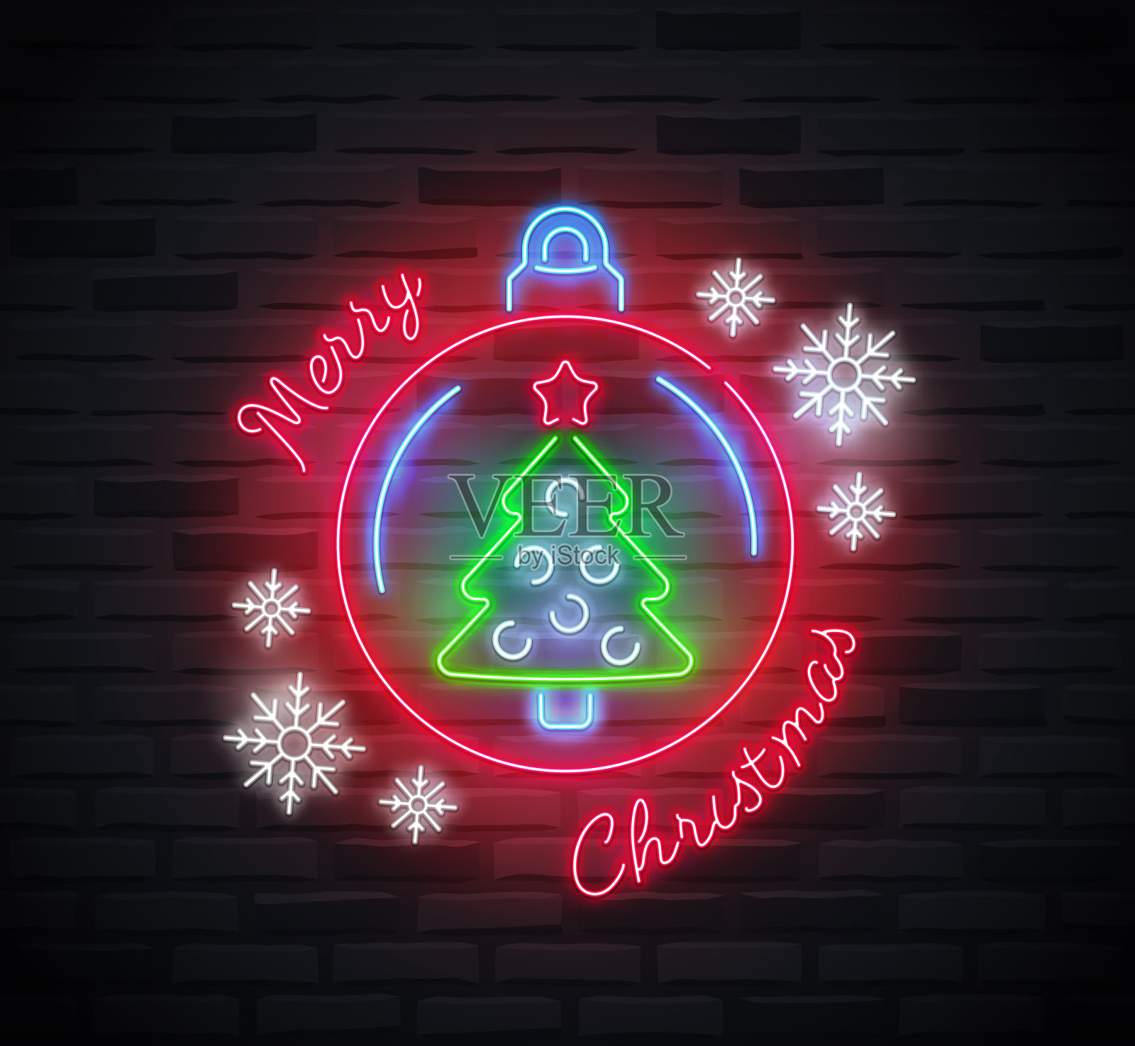 霓虹灯“圣诞快乐”的文字，圣诞球，雪花和圣诞树里面的球插画图片素材
