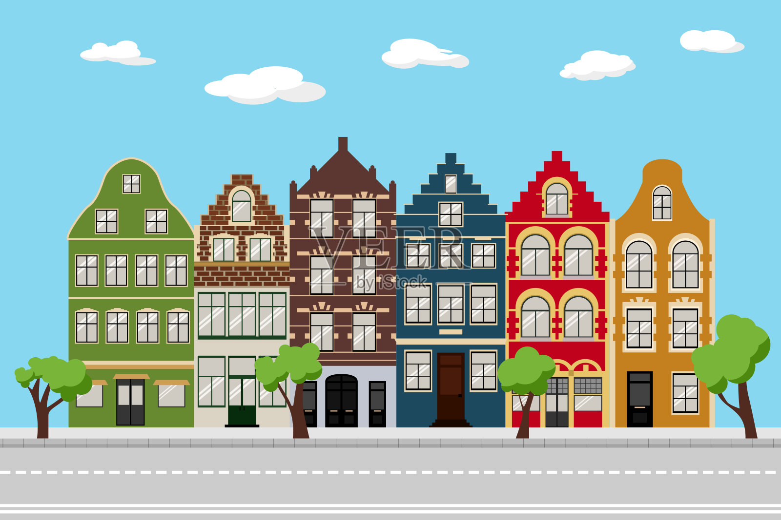 平坦的城市景观与欧洲建筑立面。可爱的复古房屋外观。比利时和荷兰的传统建筑。插画图片素材