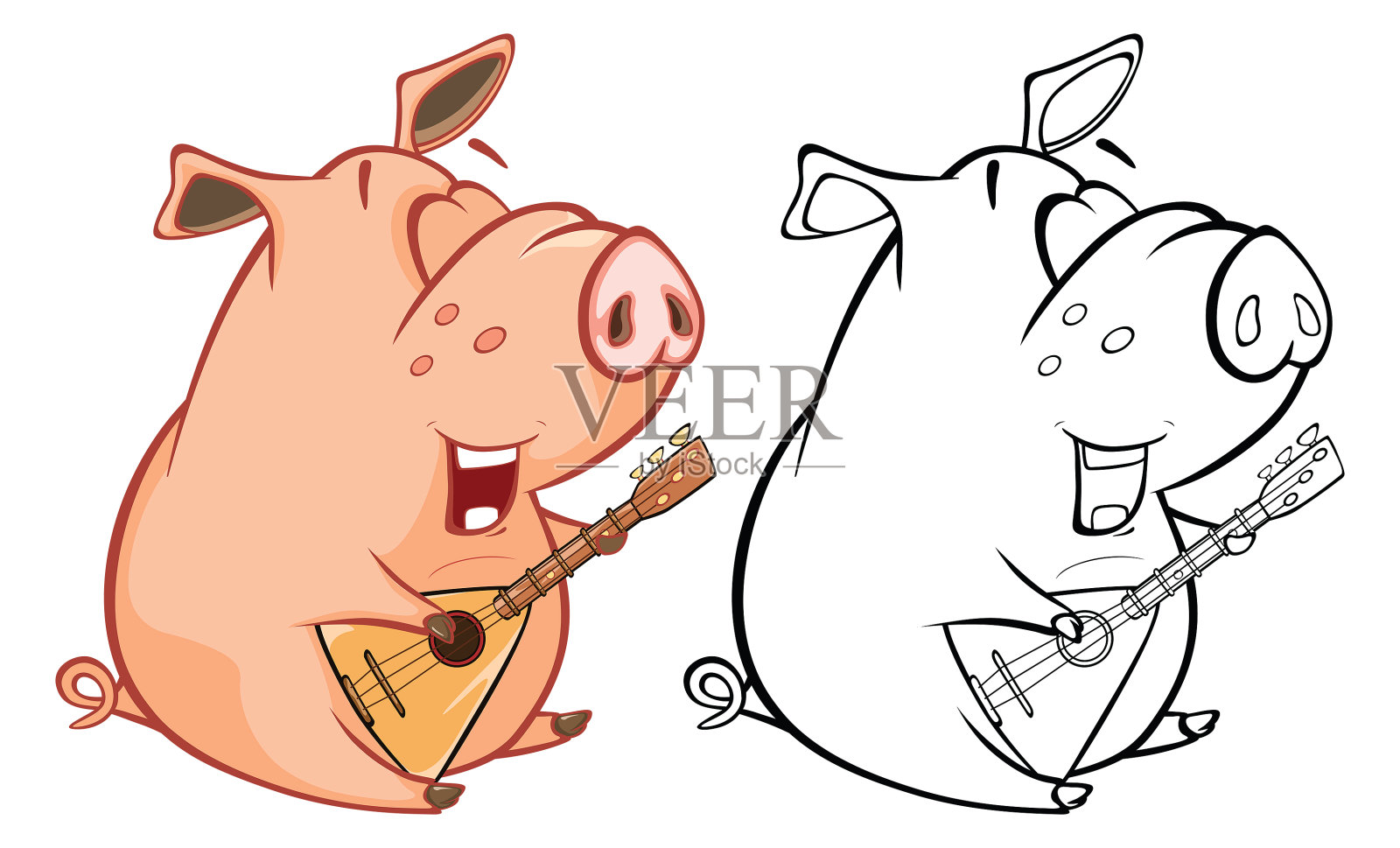 矢量插图的可爱猪音乐家涂色书卡通设计元素图片