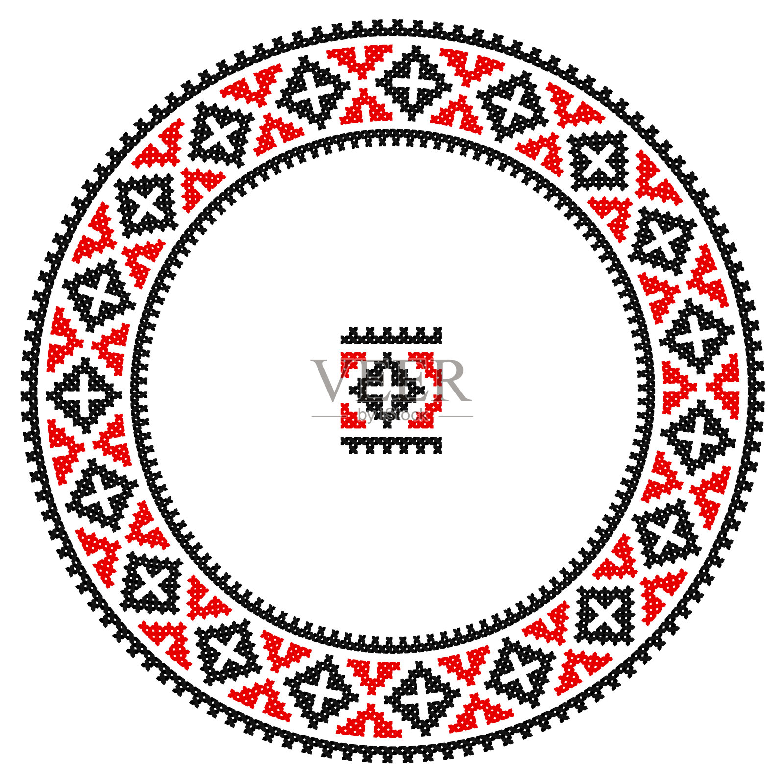 绣品不错，喜欢乌克兰族手工挑花图案。民族风格的圆形装饰，颜色为红色和黑色插画图片素材