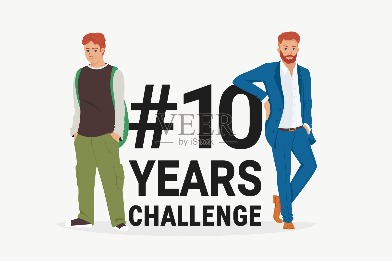 Hashtag 10年挑战概念平面矢量插图的年轻男子站在字母比较外表插画图片素材