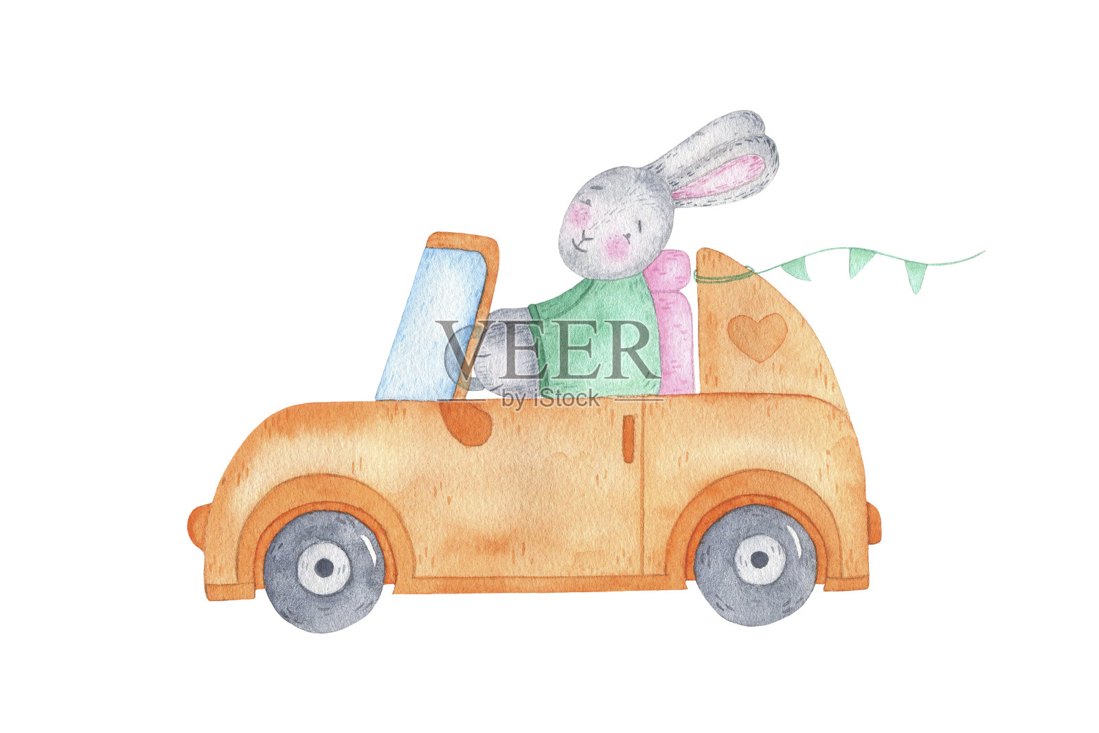 水彩画复活节快乐兔子兔子车上插画图片素材