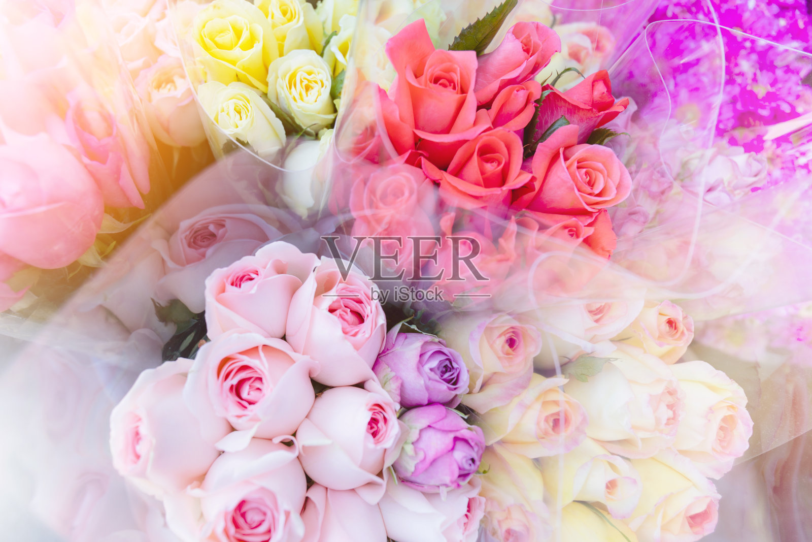 模糊的彩色花束玫瑰花盛开在新鲜的花店背景与复古滤镜。照片摄影图片