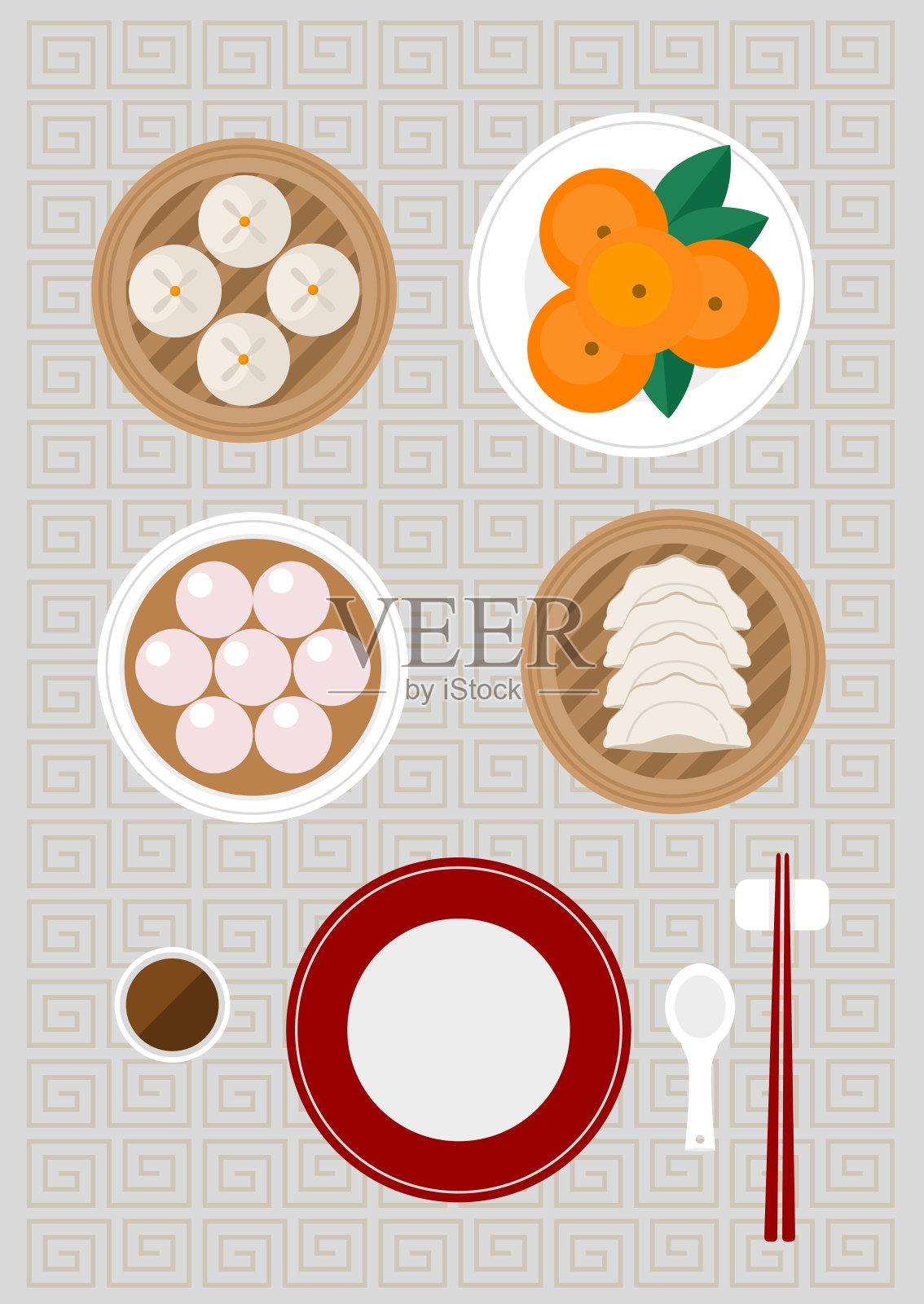 中国的食物包括烧包、汤圆煎饺和新鲜橙子插画图片素材