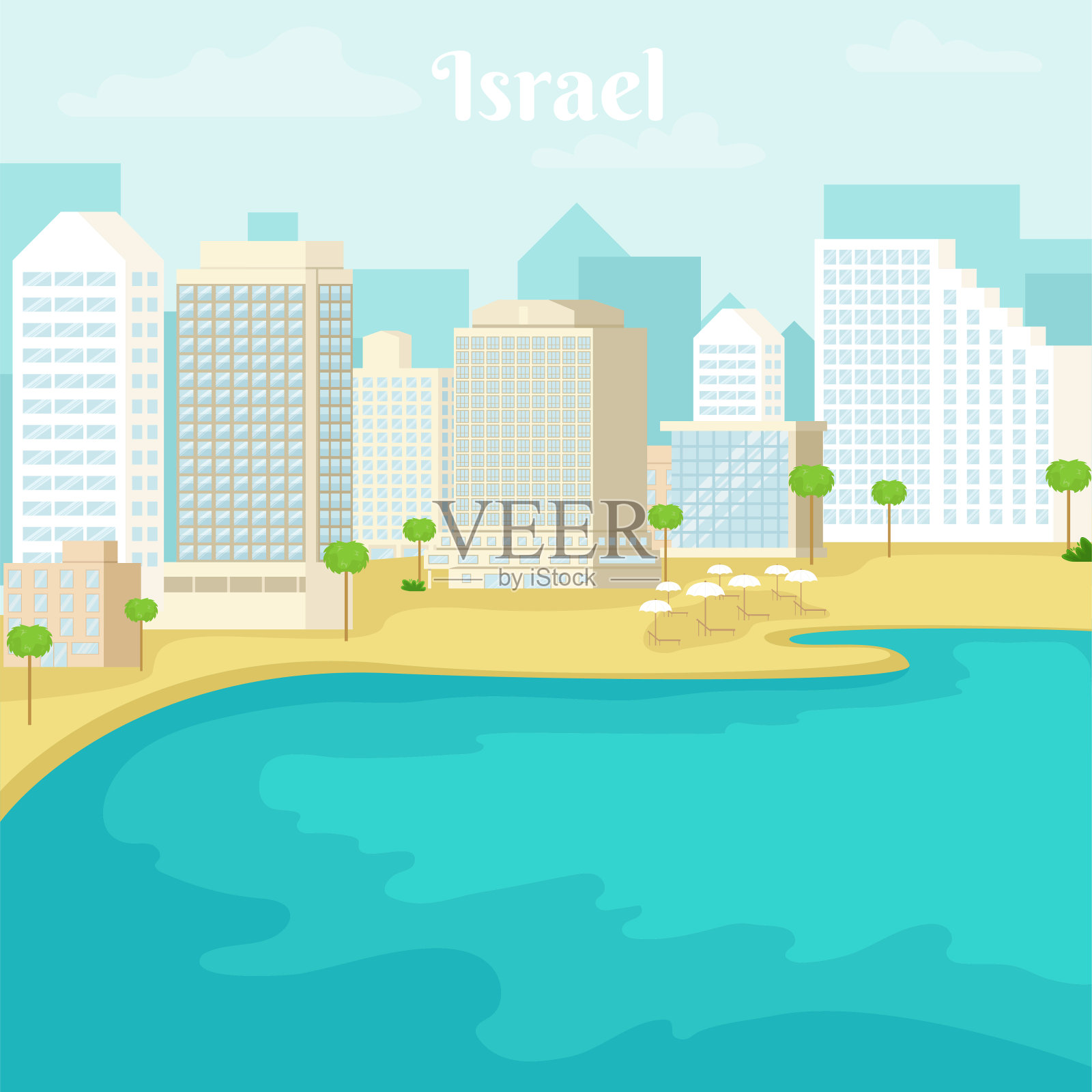 特拉维夫海岸的城市景观。以色列。矢量插图。插画图片素材