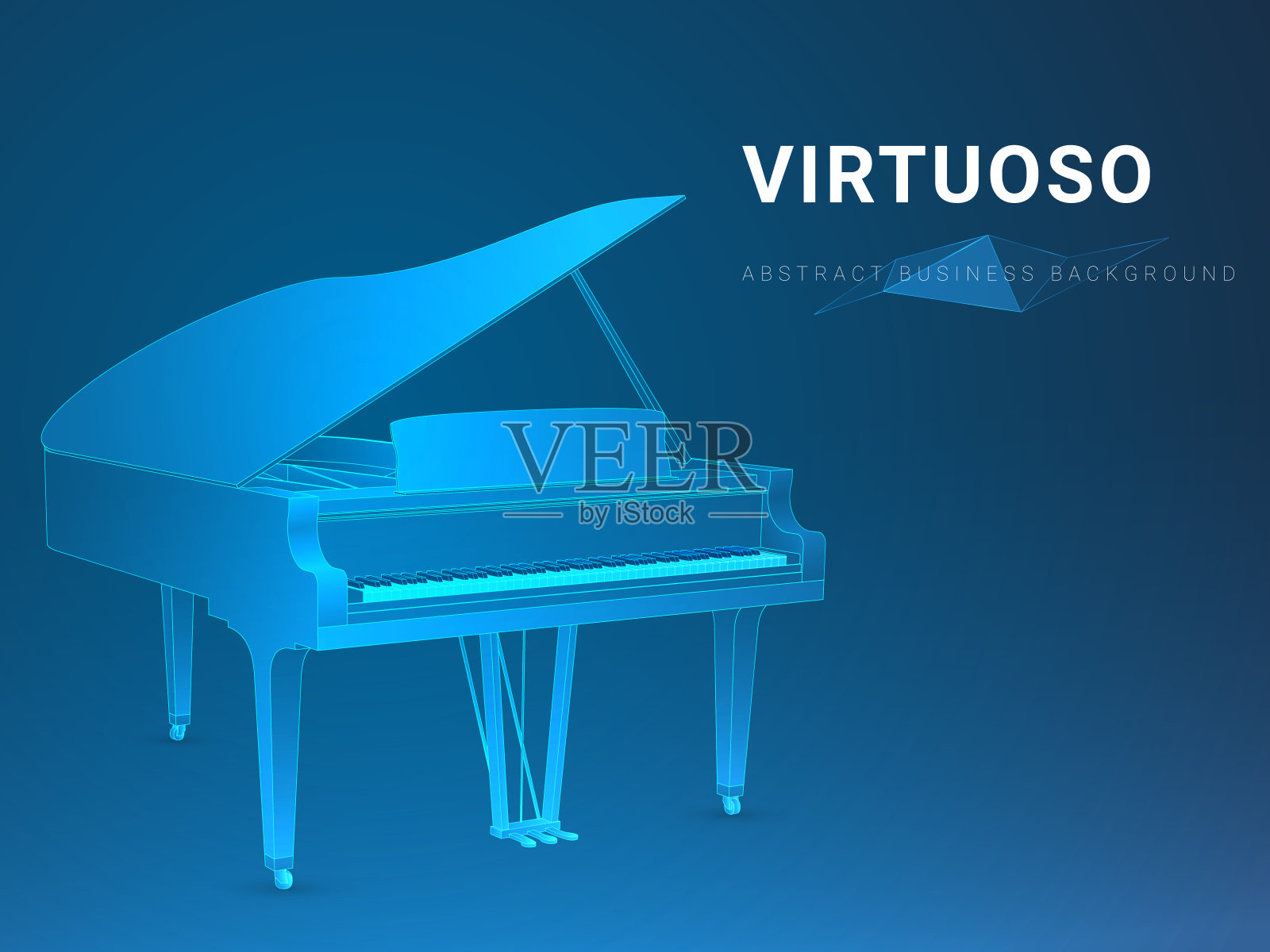 抽象的现代商业背景向量描绘了一个在蓝色背景上打开的大钢琴形状的大师。插画图片素材