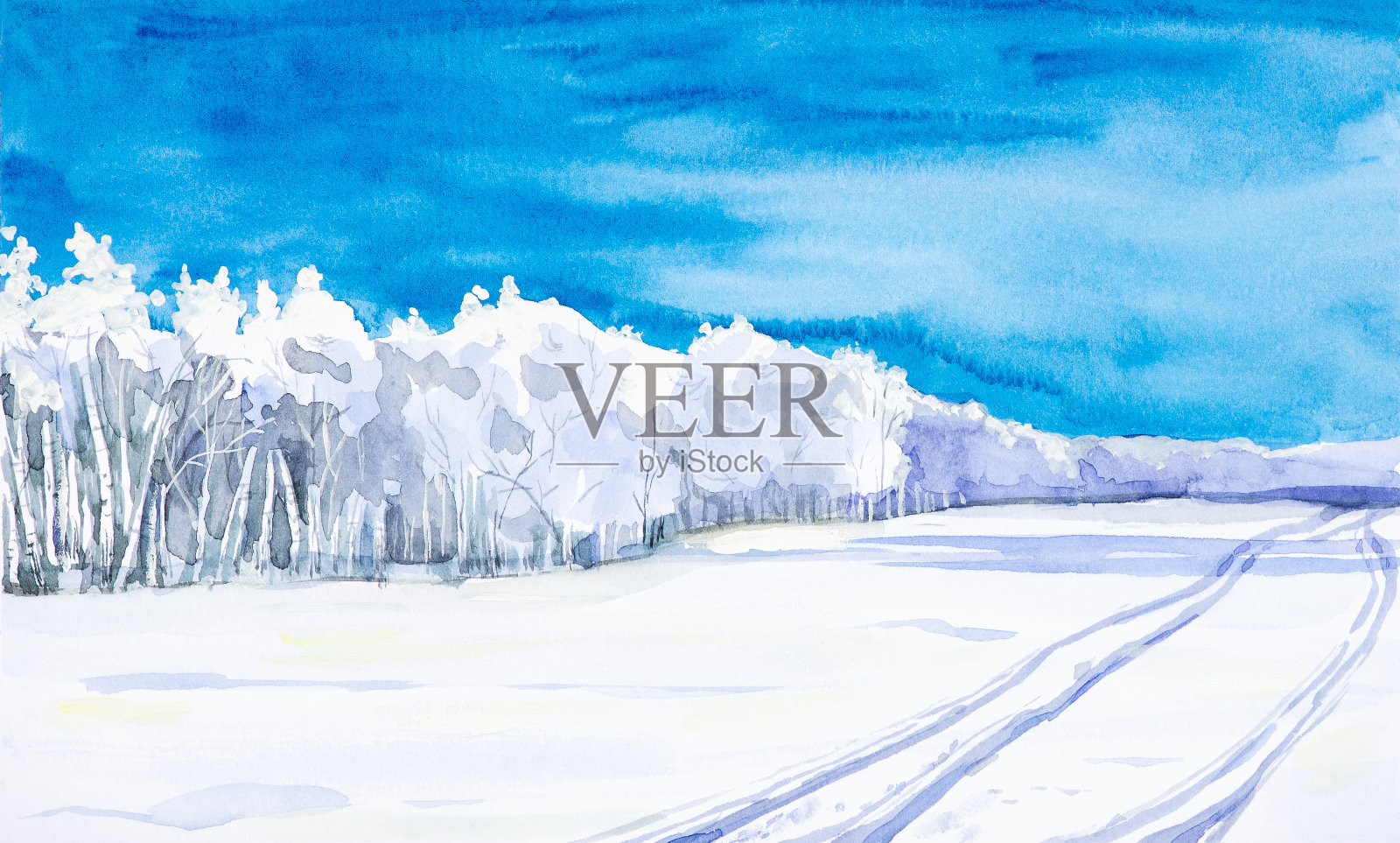 冬天的森林和雪原景观。手绘水彩插图。插画图片素材