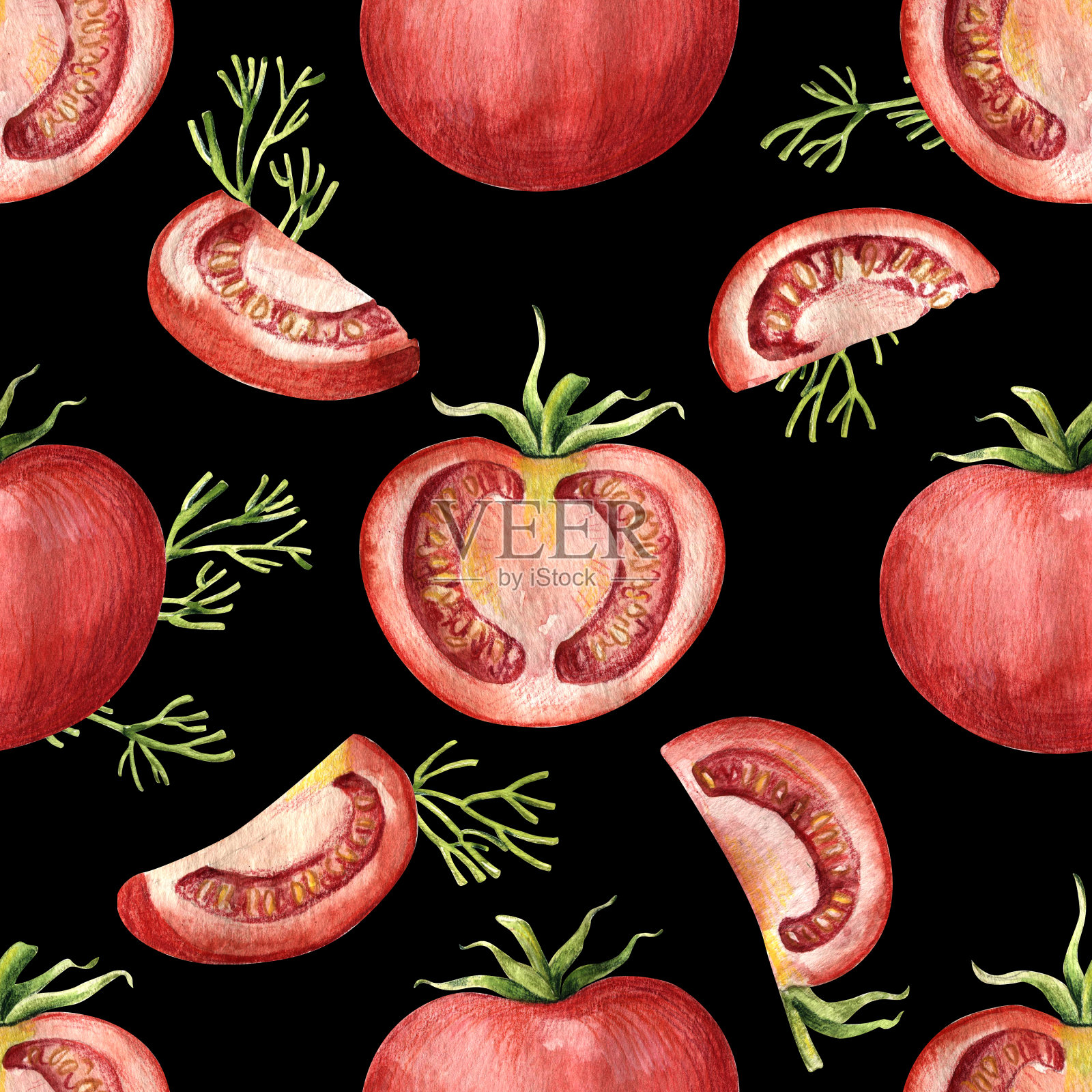 无缝模式与红番茄和小茴香黑插画图片素材