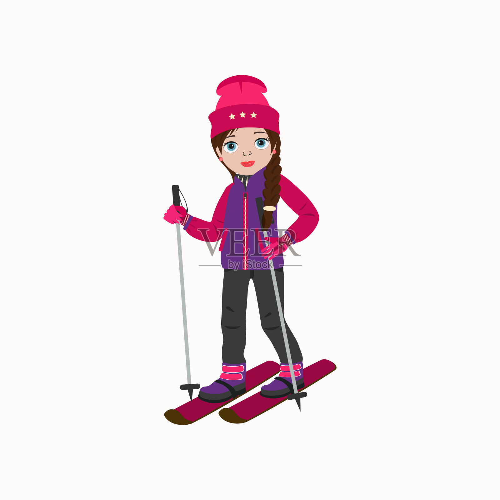 可爱的女孩站在滑雪。插画图片素材