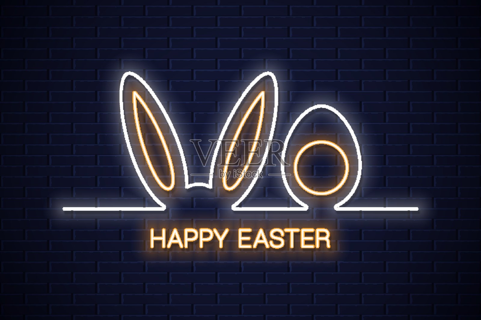 复活节氖旗帜。复活节兔子与鸡蛋霓虹灯线标志在墙上的背景设计模板素材