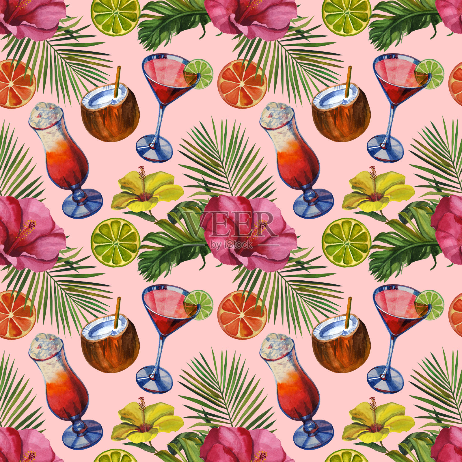 水彩图案的热带棕榈叶，香蕉，菠萝，饮料派对和鲜花。无缝模式插画图片素材