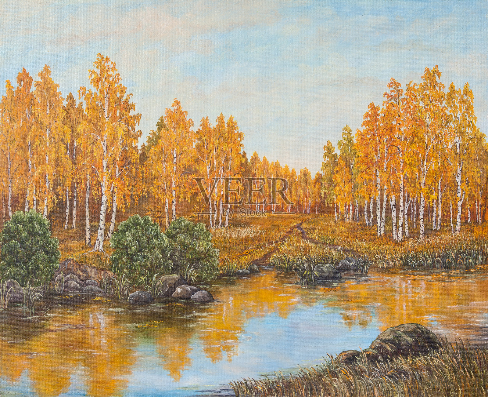 秋天的森林靠近河边，桔黄色的树叶。画布上的原始油画插画图片素材