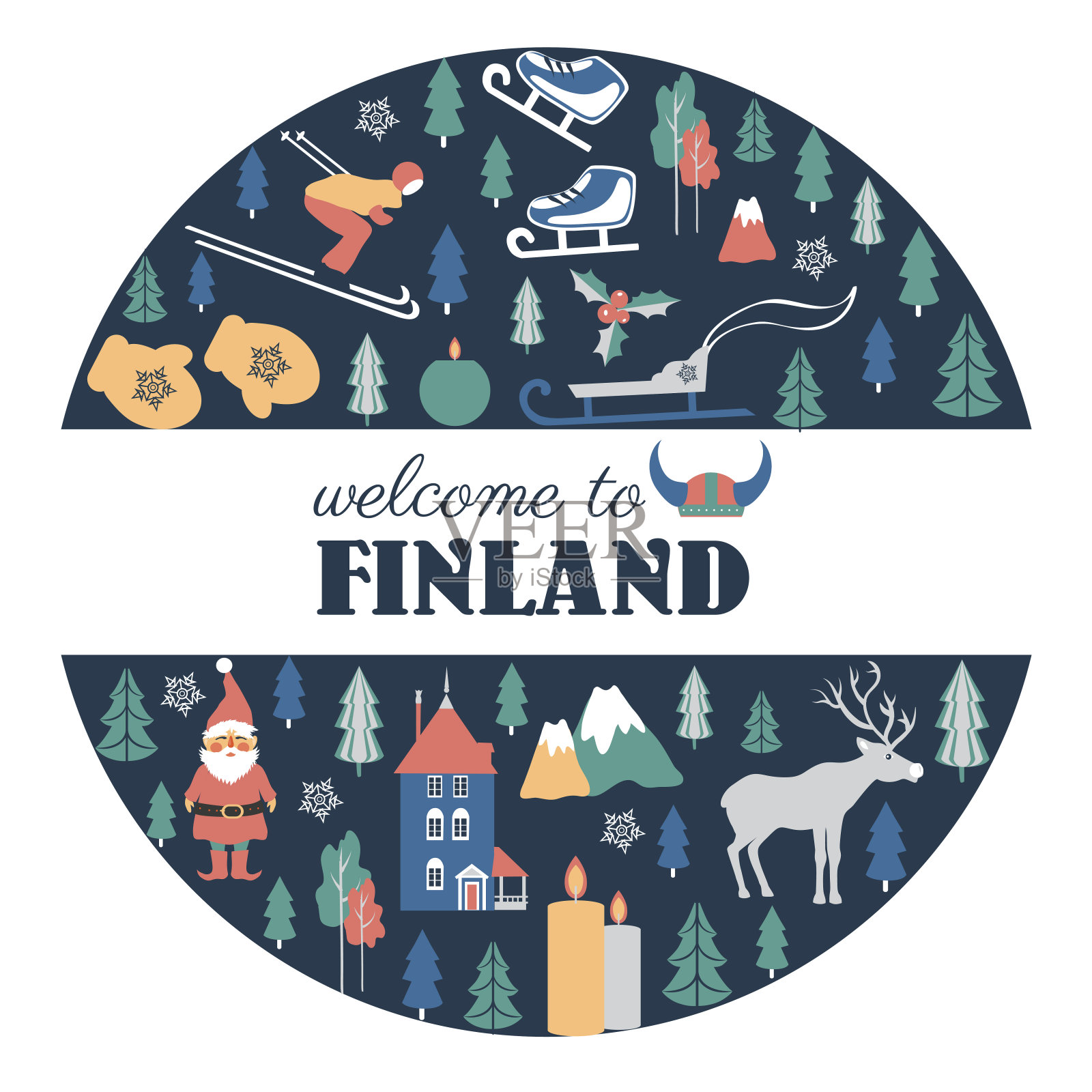 芬兰旅游卡通矢量圆框，芬兰地标，姆明公园姆明世界，奥卢，动物，平面建筑插图，装饰冬季斯堪的纳维亚旅游背景设计插画图片素材