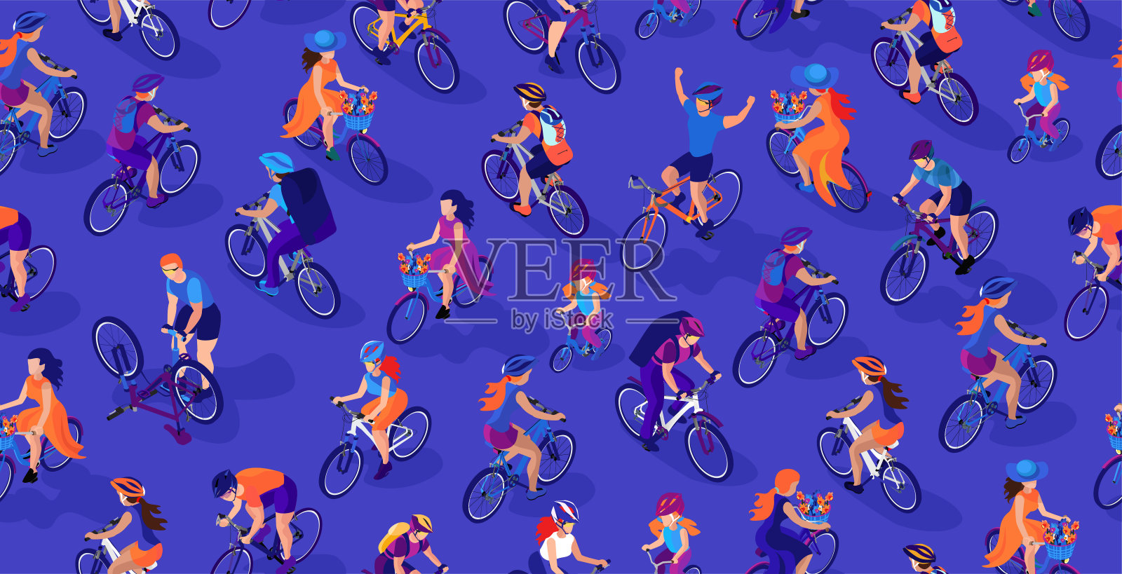 骑自行车的人在蓝色的背景。等距式平面无缝图案。男人和女人骑自行车。运动活跃的人。骑自行车的女孩。彩色纹理插画图片素材