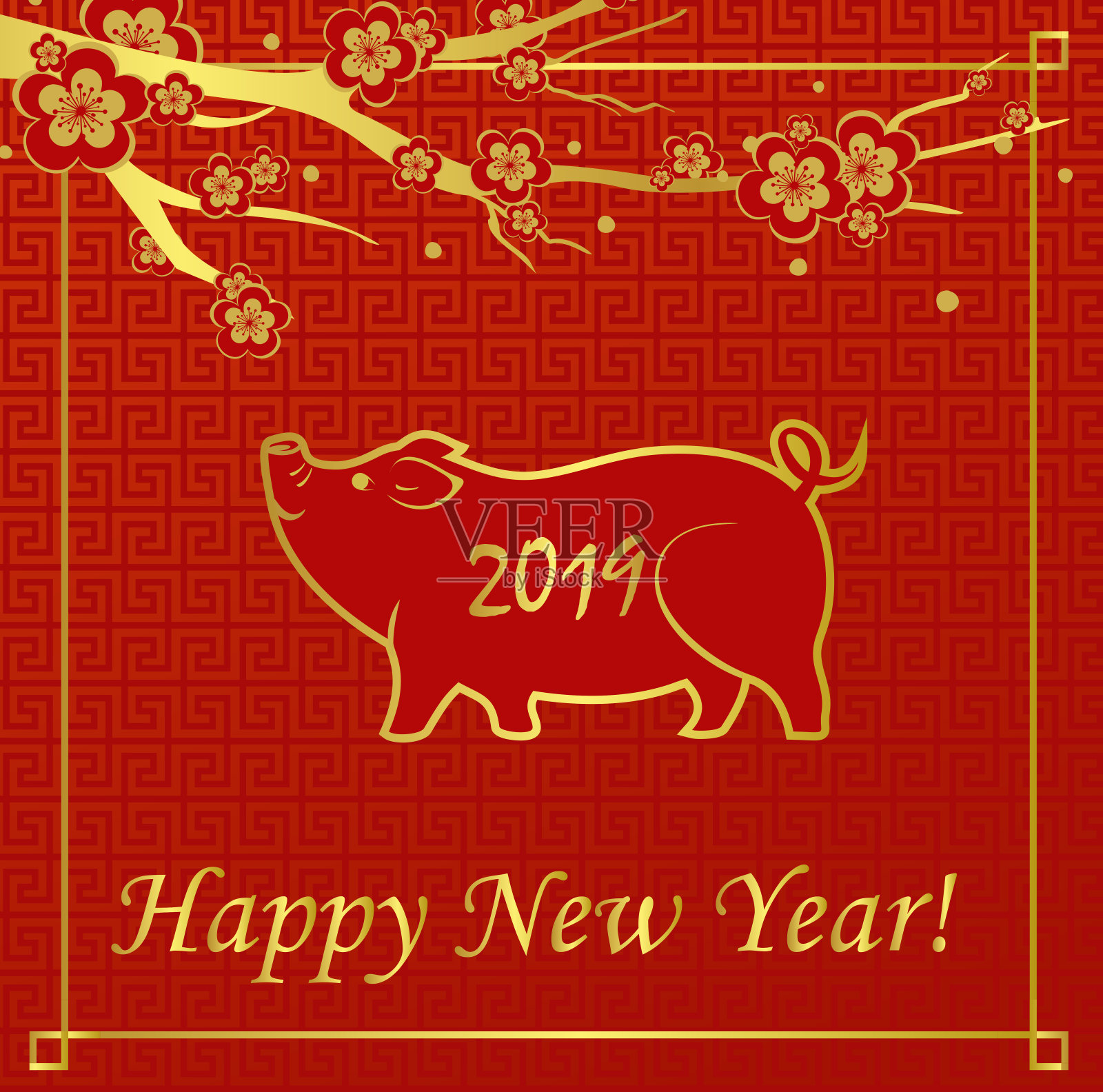 矢量插图新年贺卡与金猪在红色的背景。2019新年快乐!中国新年的概念。设计模板素材
