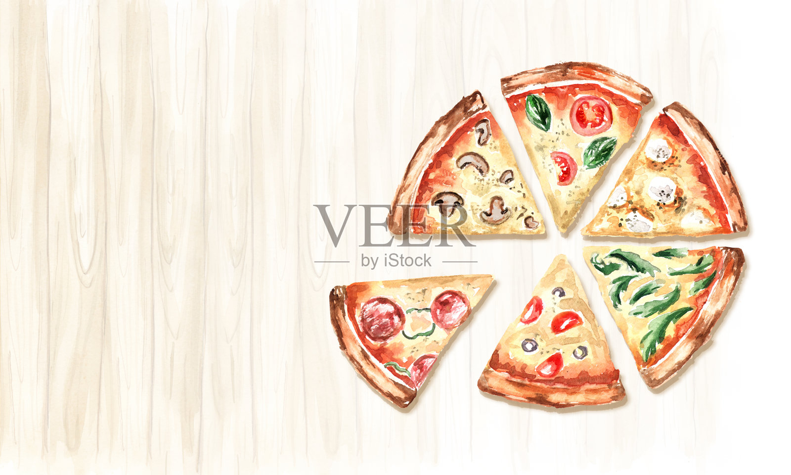 不同配料的披萨片，在有拷贝空间的木桌上俯视图。水彩手绘插图设计元素图片