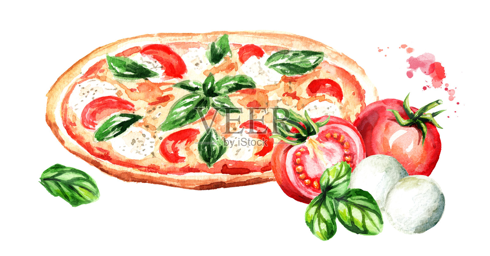 西红柿，马苏里拉奶酪和罗勒叶的披萨。水彩手绘插图孤立的白色背景设计元素图片