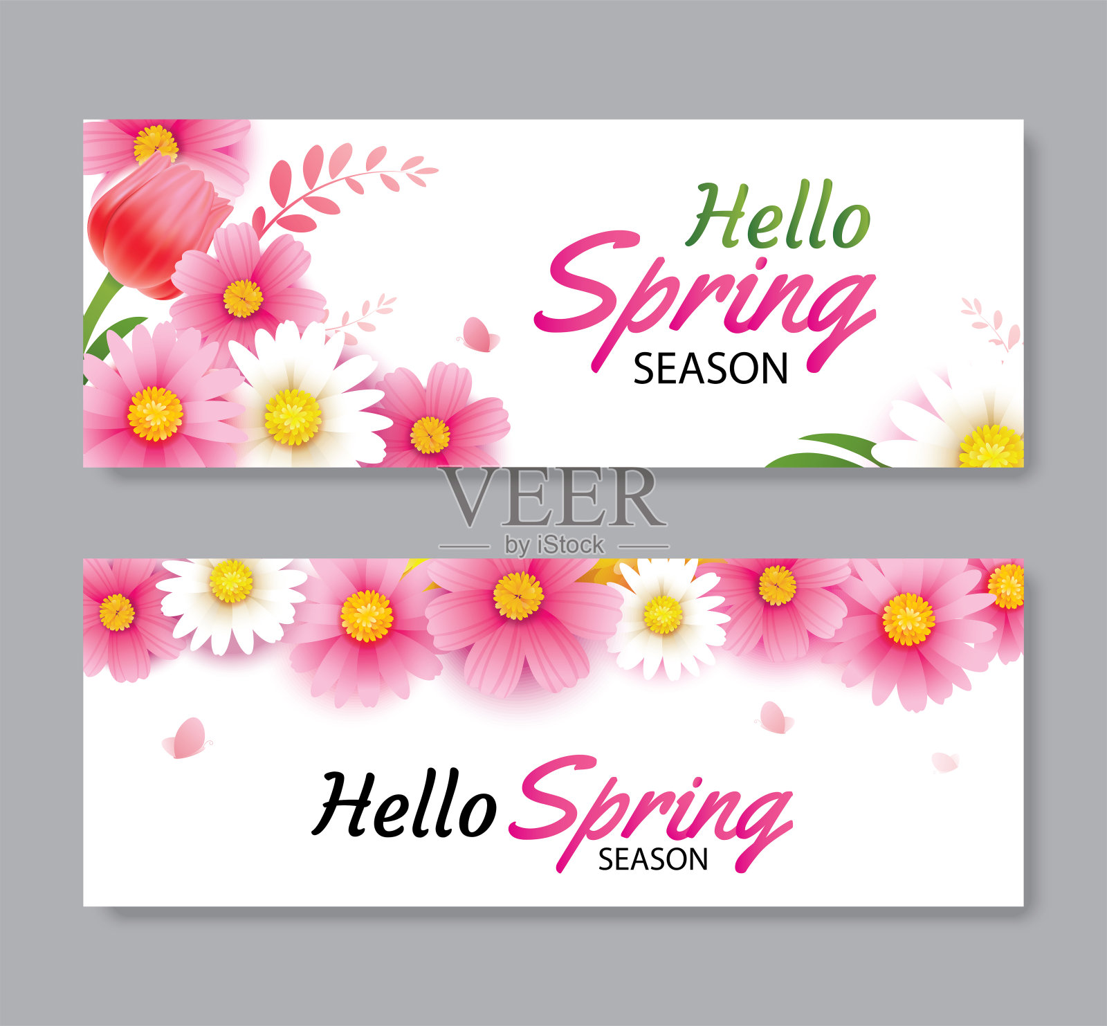 你好春天贺卡和邀请与盛开的鲜花背景模板。设计封面，传单，海报，小册子，横幅。设计模板素材
