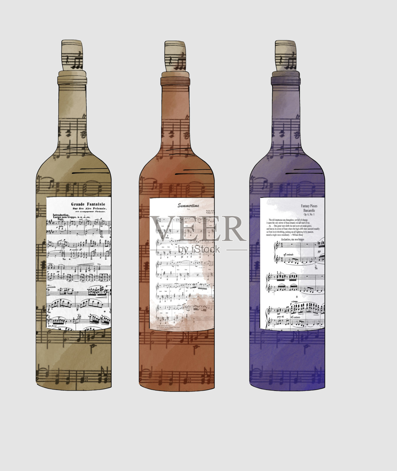 酒瓶里的酒来自音符，抽象插画图片素材